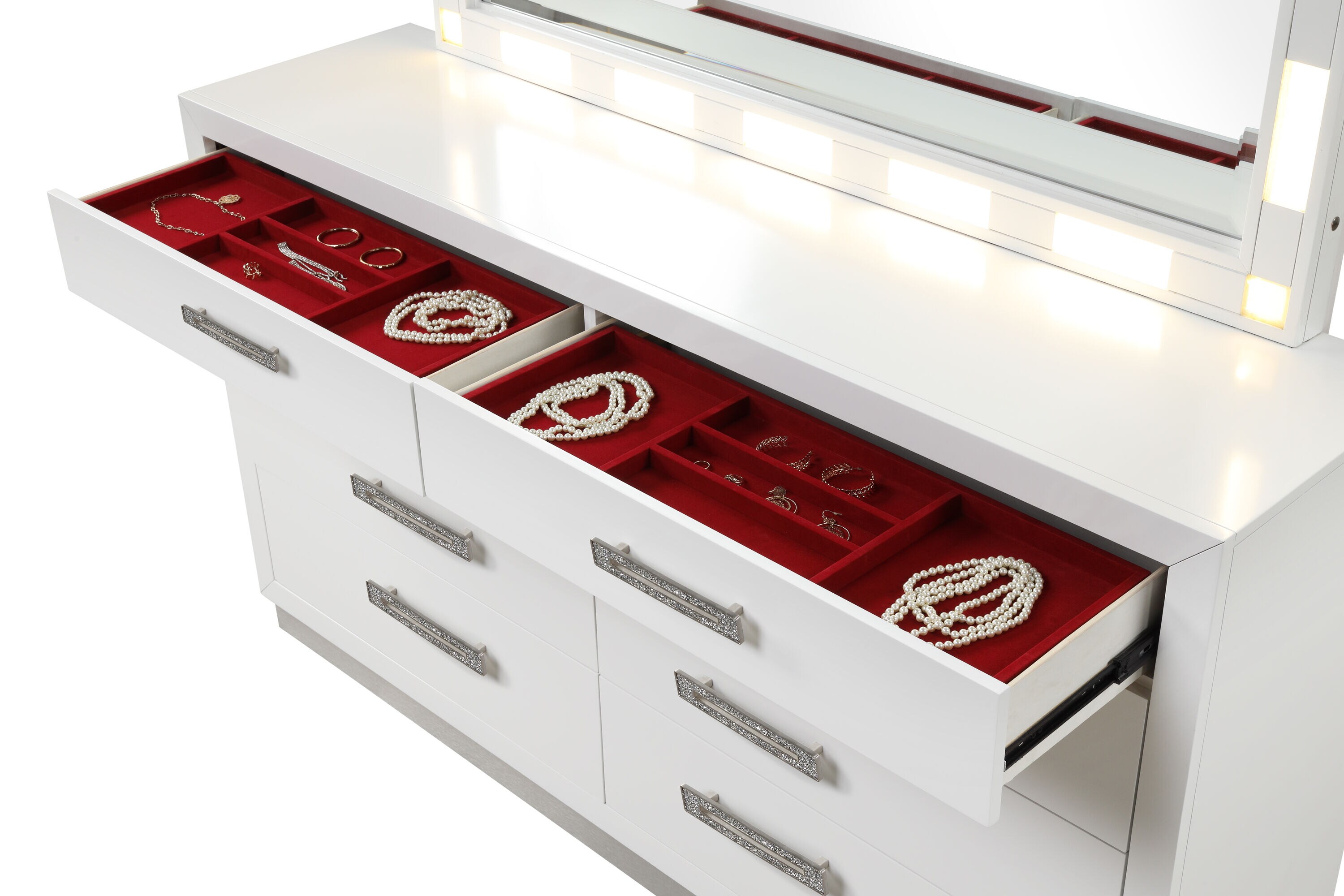Milky White 8-Drawer Dresser with Mirror and Crystal Handles