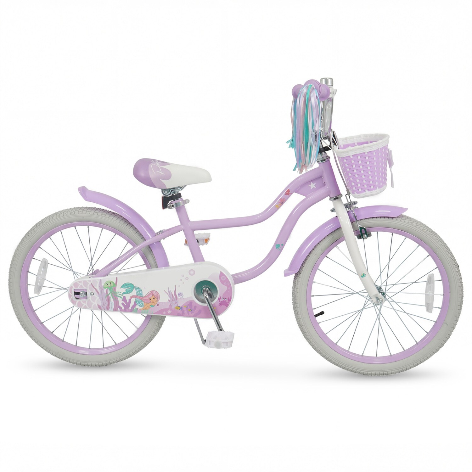 Slickblue 12/14/16/18/20 inch Mermaid Theme Bike with Chain Guard Front Basket and Reflectors for Street Riding or Playground Fun - Available in Different Colors