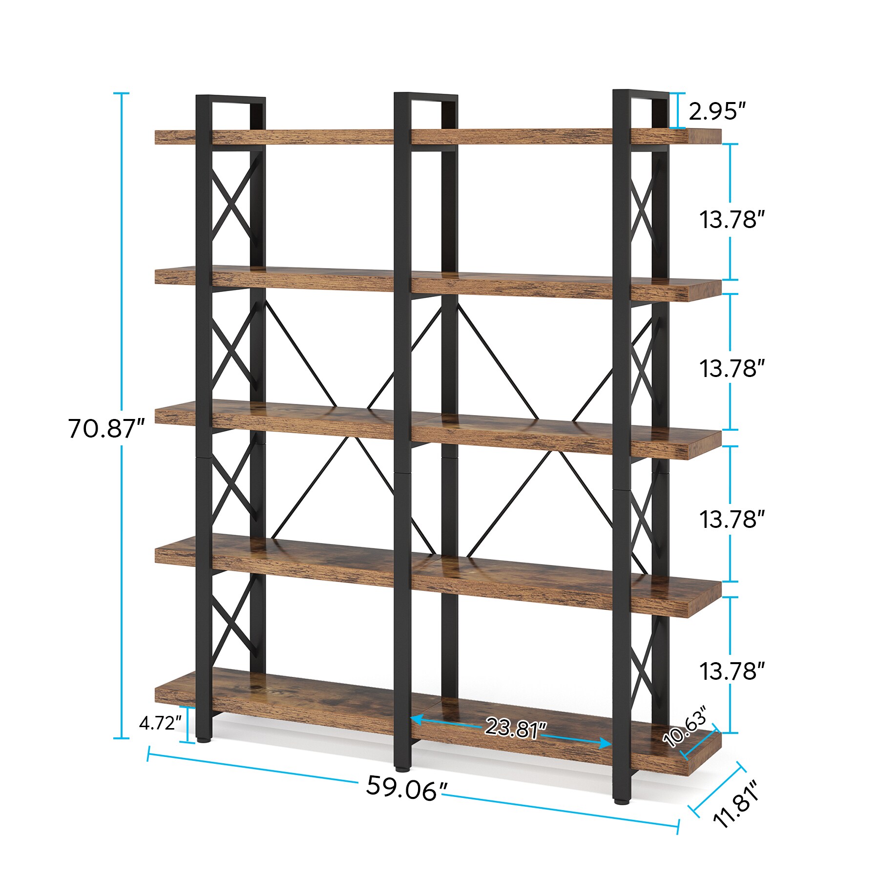 Tribesigns Brown Metal 5-Shelf Bookcase (59.05-in W x 70.86-in H x 11. ...