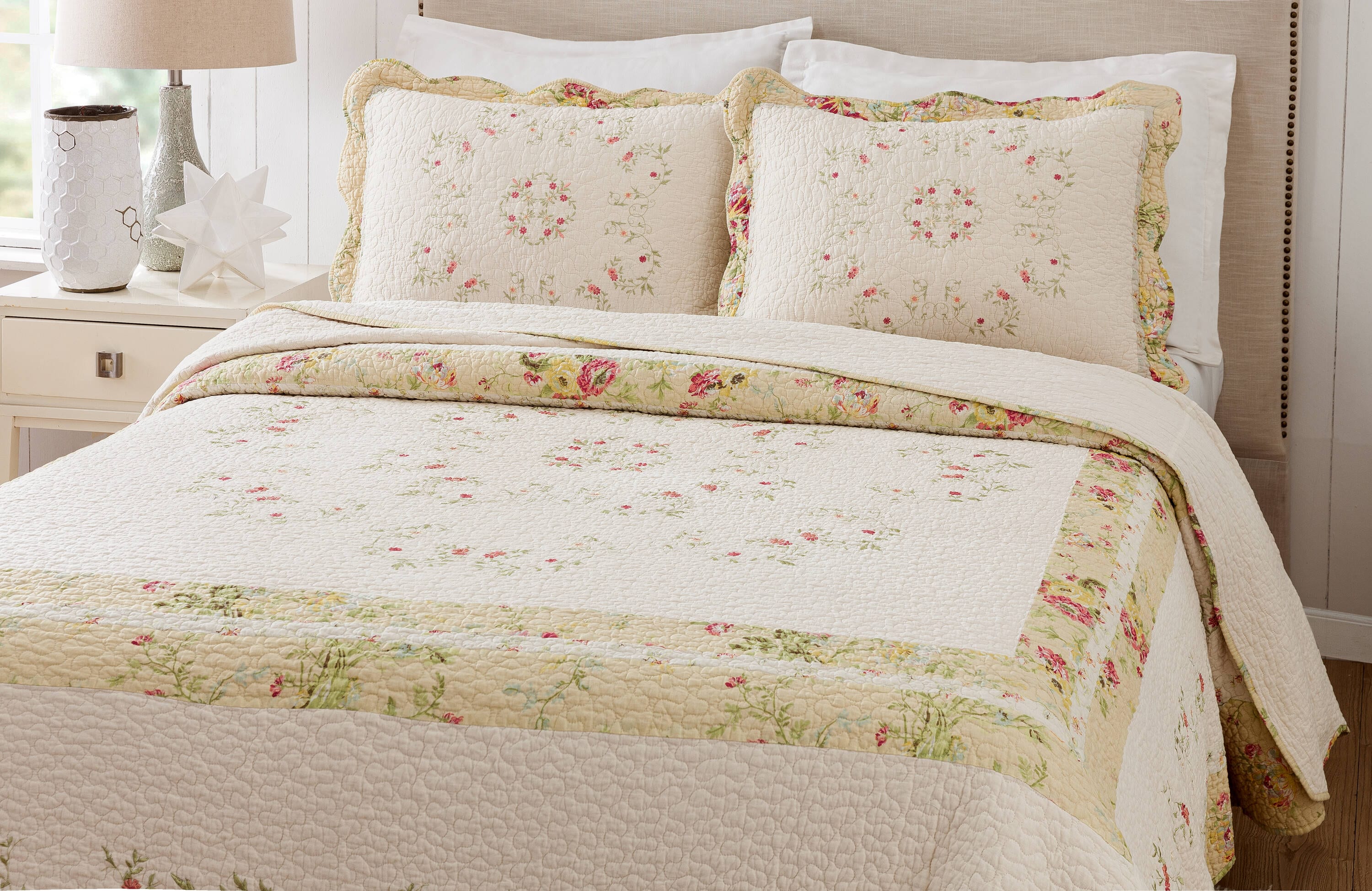 Standard Yellow Embroidered Cotton Floral Sham