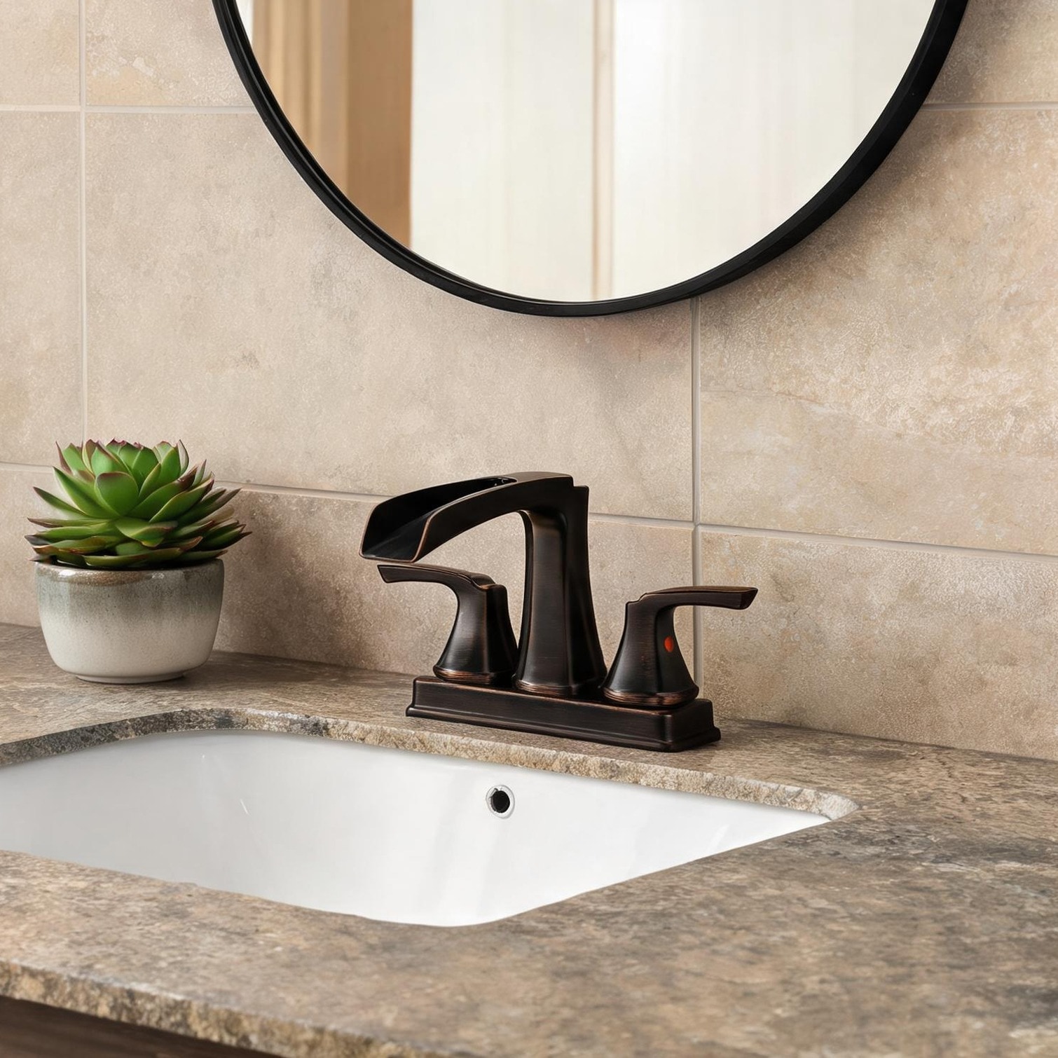 SunJet - Oil-Rubbed Bronze Waterfall Bathroom Faucet with 360 Swivel Spout and Pop-Up Drain - 4-I...