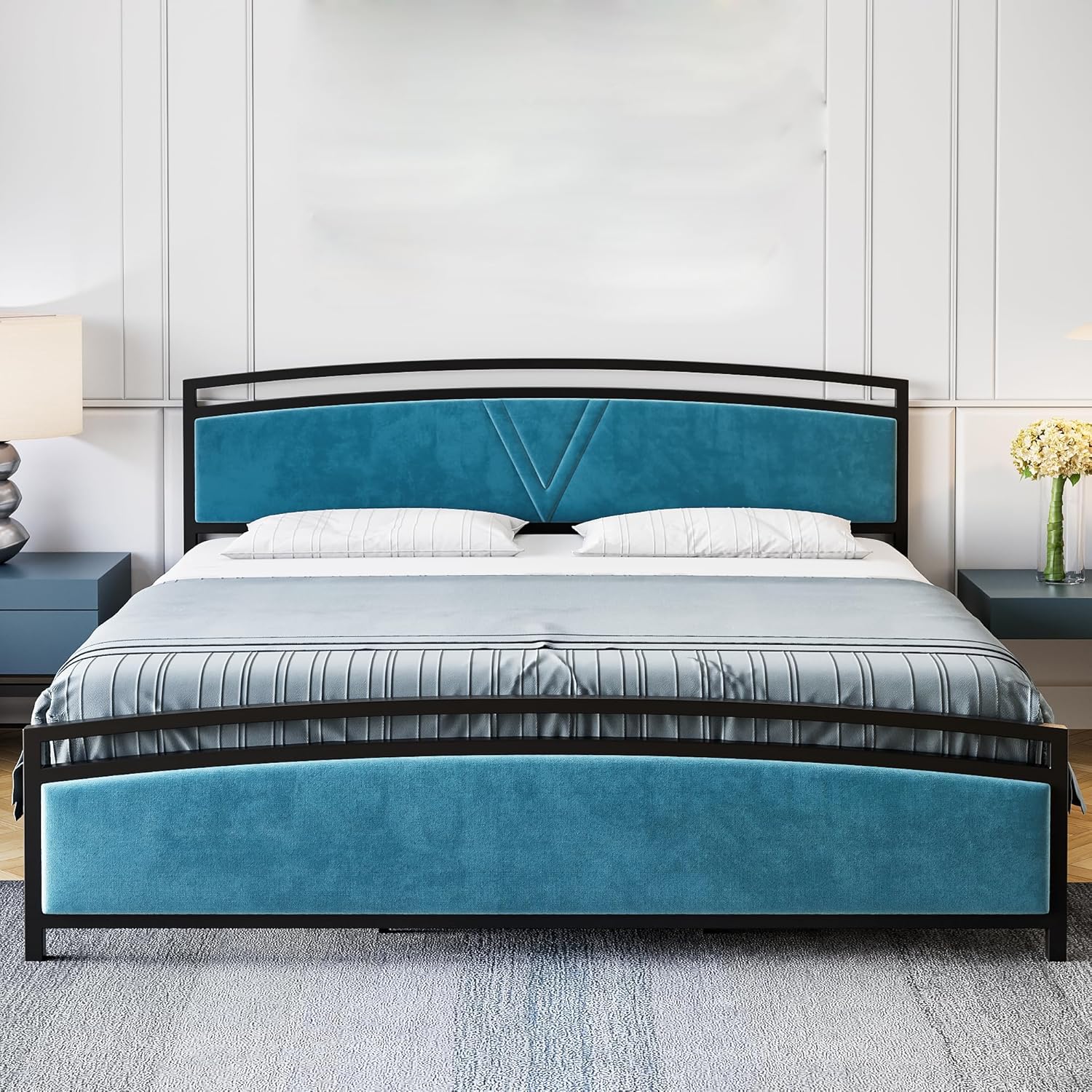 Qeetex LHF-BED-PHO-0YDZXKJJ Queen Size Bed Frame Velvet Upholstered Bed Frame with Headboard Modern Platform Bed with Arc Design Metal Slats Support Noise-Free Easy Assembly Blue