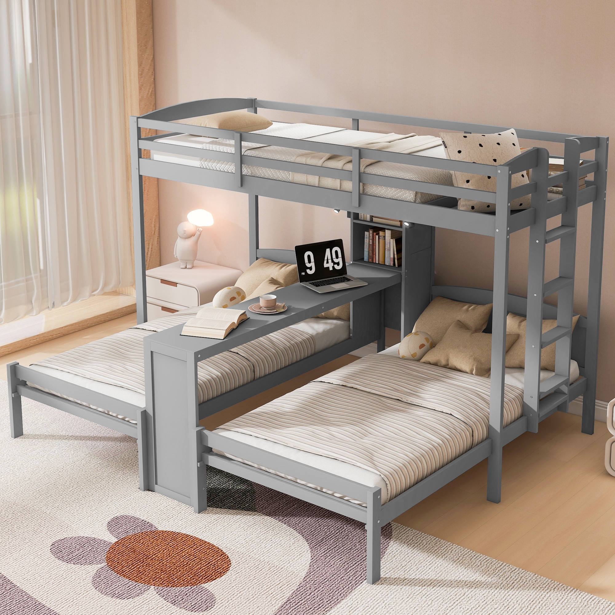 Bellemave Twin over Twin and Twin Bunk Bed with Built in Desk and Storage Shelves Reading Lamp 3 Beds in 1 Space Saving Solid Wood Triple Bedframe for Kids Bedroom Gray