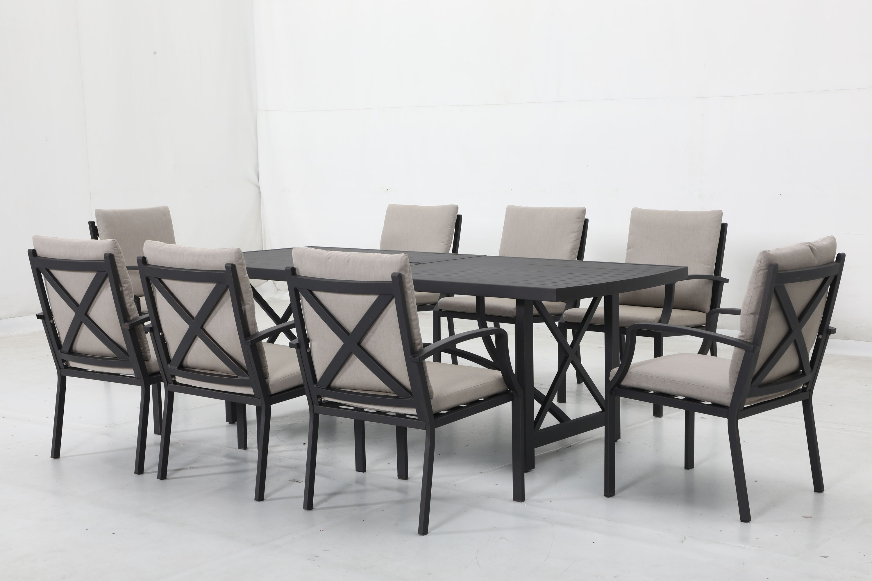 CikaCika L168073A 9 -Piece Black Patio Dining Set Aluminum Rectangle Table with 8 Beige Cushions Stationary Chairs