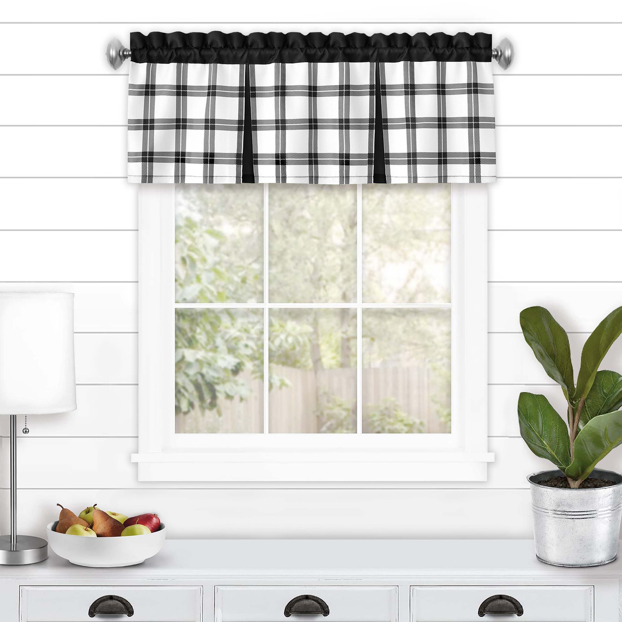 KATE AURORA Windowpane Plaid Country Farmhouse Rod Pocket Window Valance Black