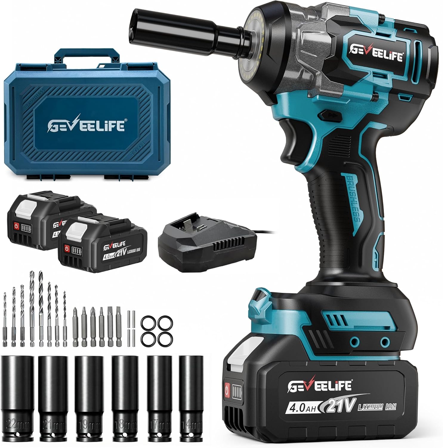 GEVEELIFE  21Volt Variable Speed 650Nm(480 ft-lb) Brushless Impact Wrench 0.5in Cordless Impact Gun 2 batteries and Charger include