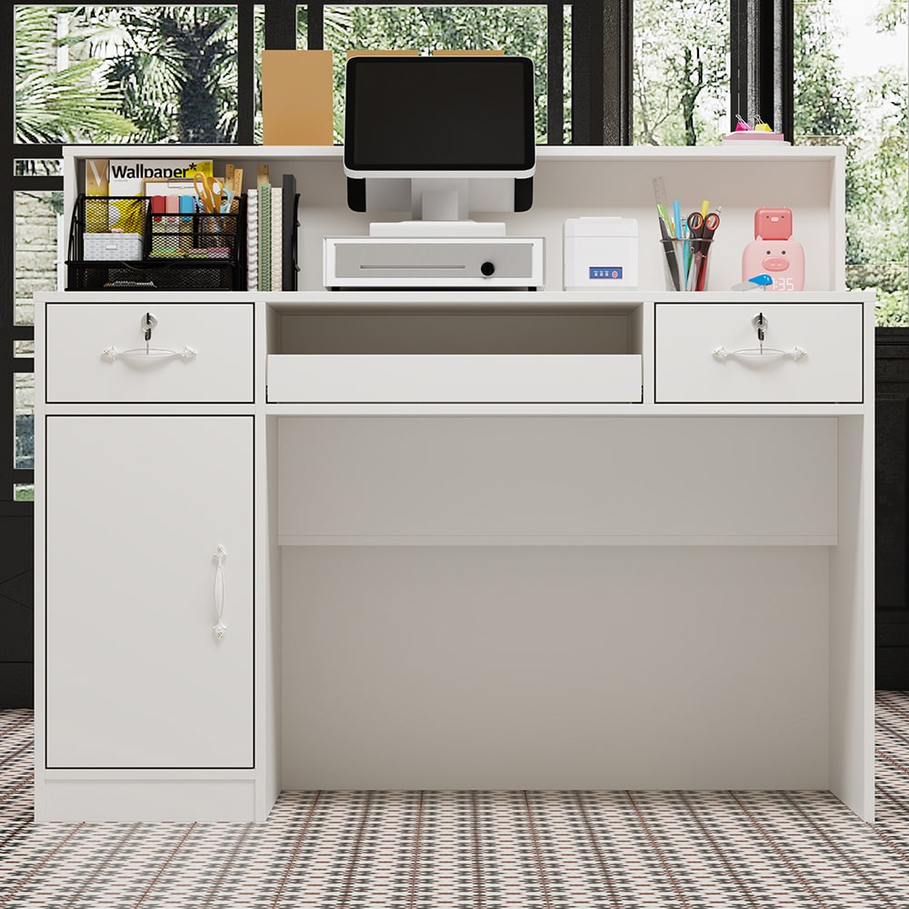 Homsee C-KF250007-01 47.2 Inch White Corner Writing Desk with Hutch Display Light 2 Drawers Keyboard Tray and Storage Shelves Space Saving Wooden Workstation