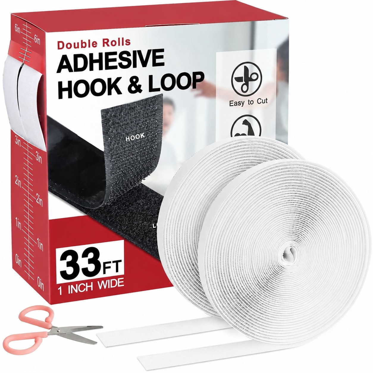 AKSCYZM  33Ft by 1 Inch Heavy Duty Hook and Loop Tape with Strong Adhesive Backing for Home Office School Car and Crafting Projects White