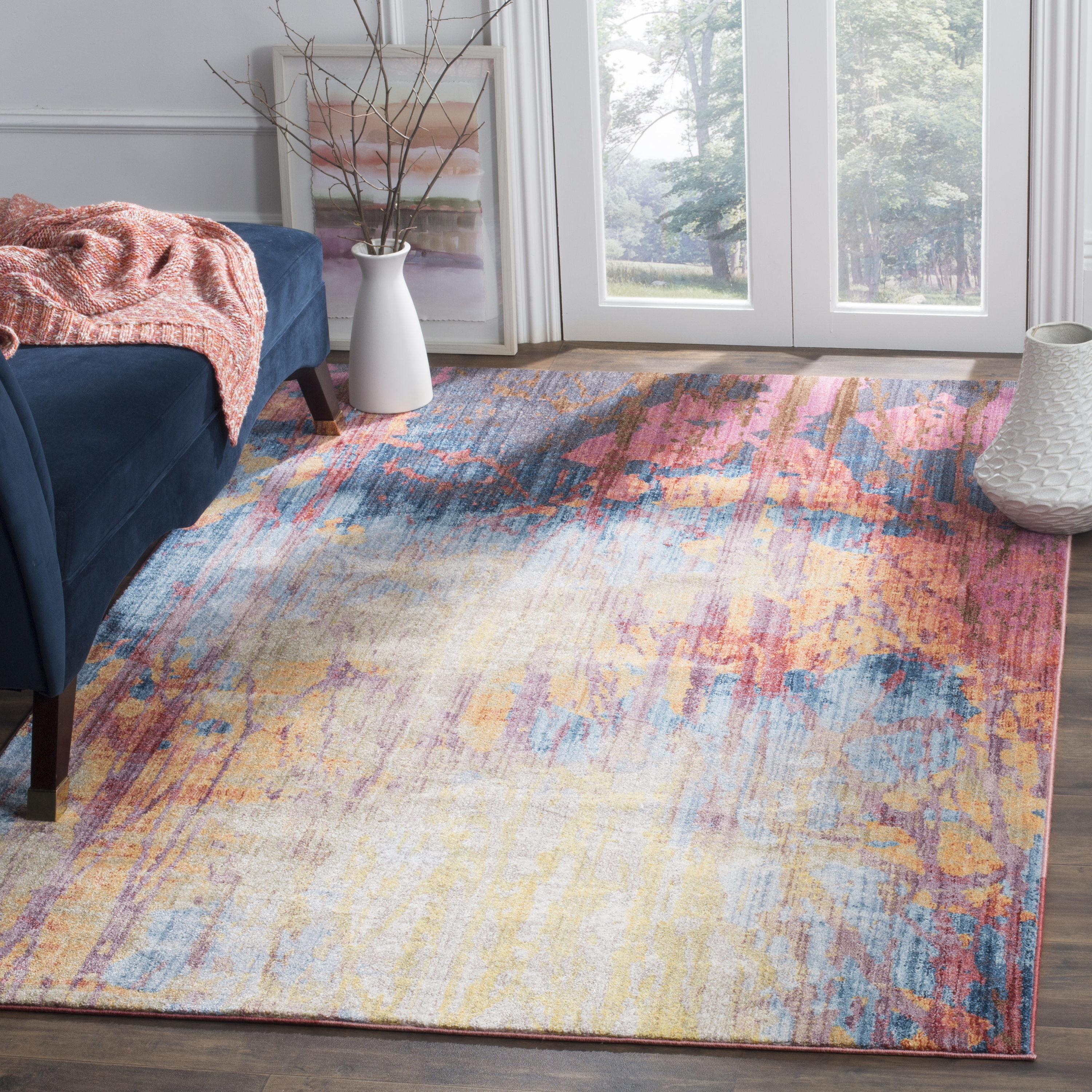 Reversible Washable Blue Synthetic Rectangular Rug 59"