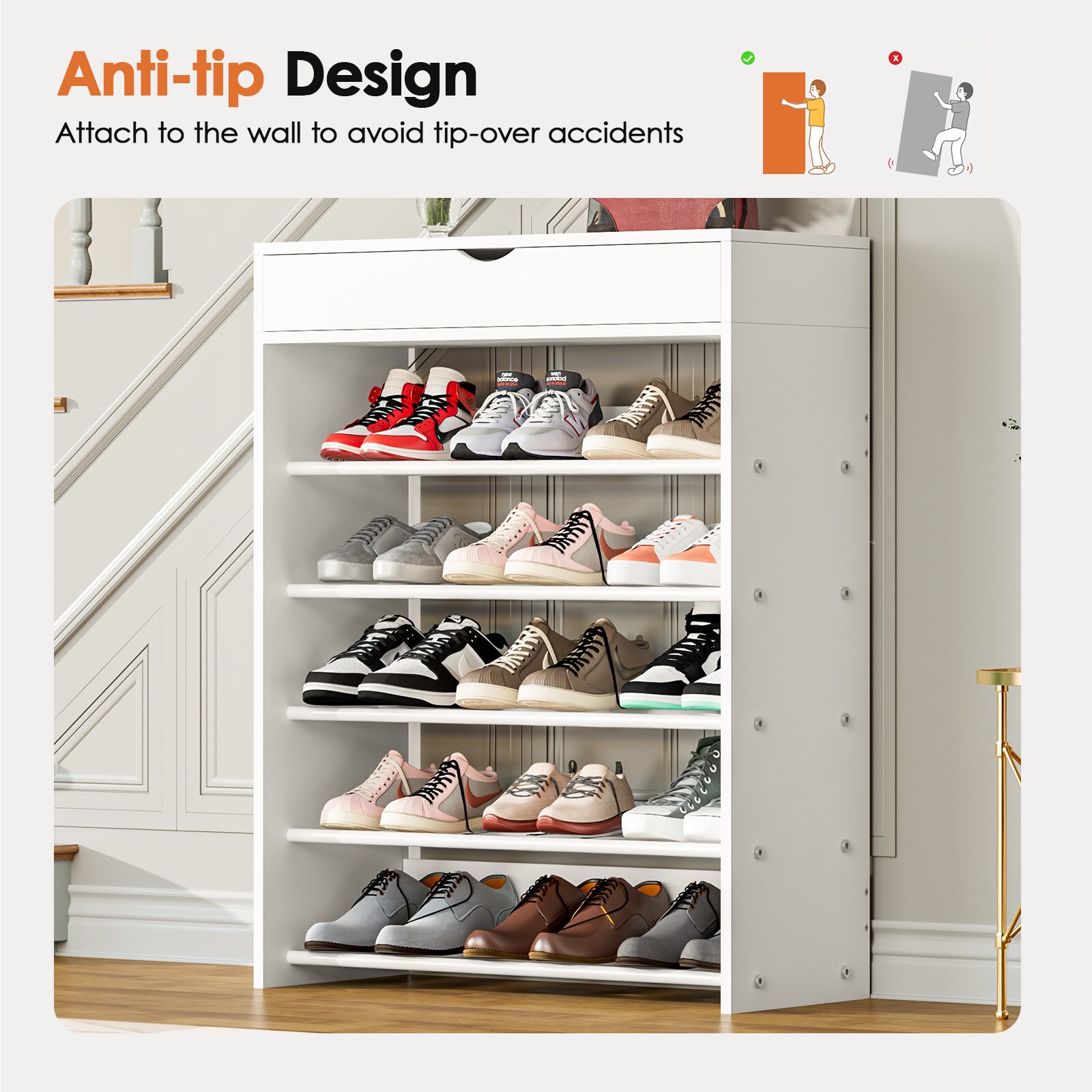 LOVMOR 5-Tier White Shoe Rack with Storage Cabinet - 37.2 Inch Vertical ...