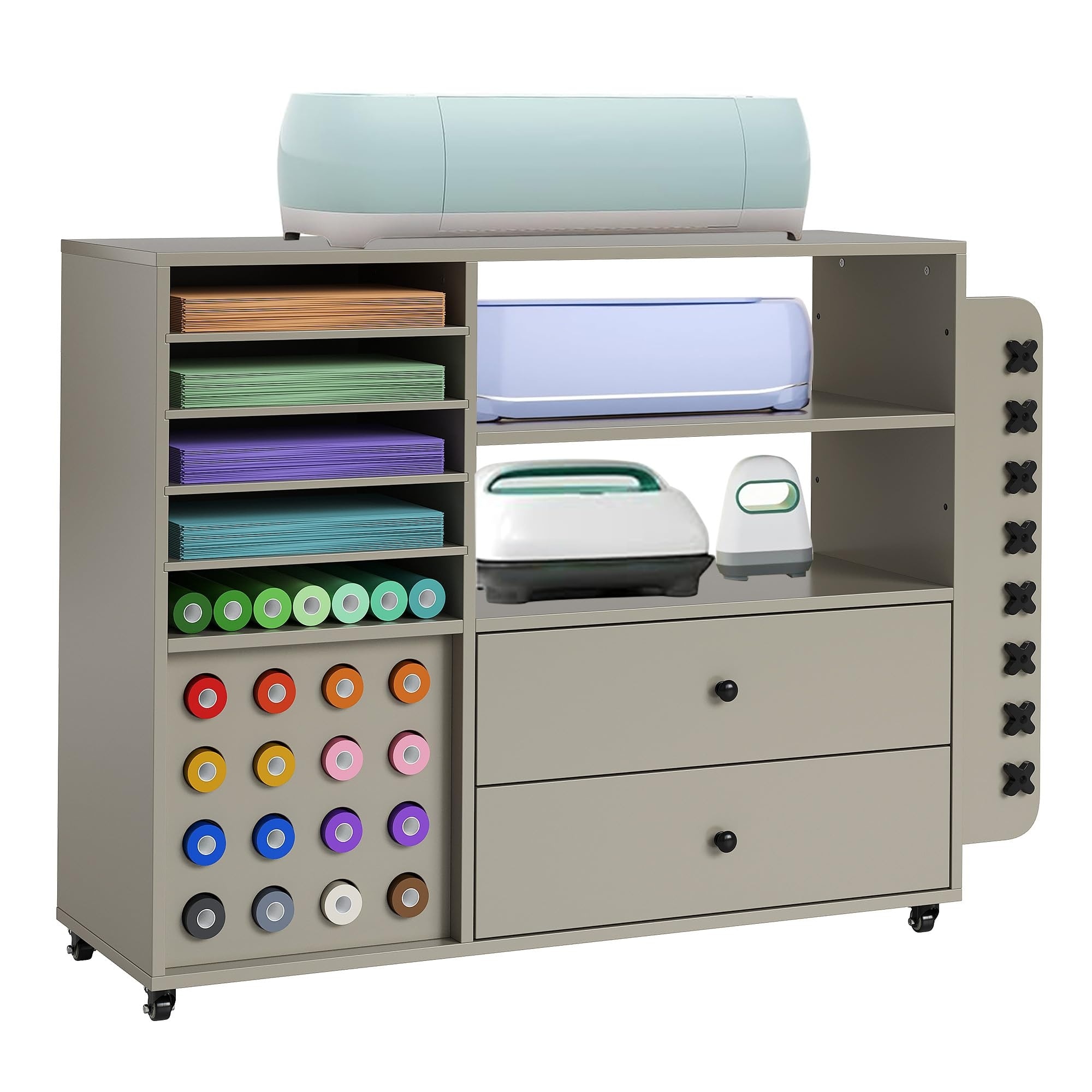 GarveeLife Grey Craft Cart Storage Cabinet with 2 Drawers 24 Vinyl Roll Holder Craft Stand Station Compatible with Cutting Machines