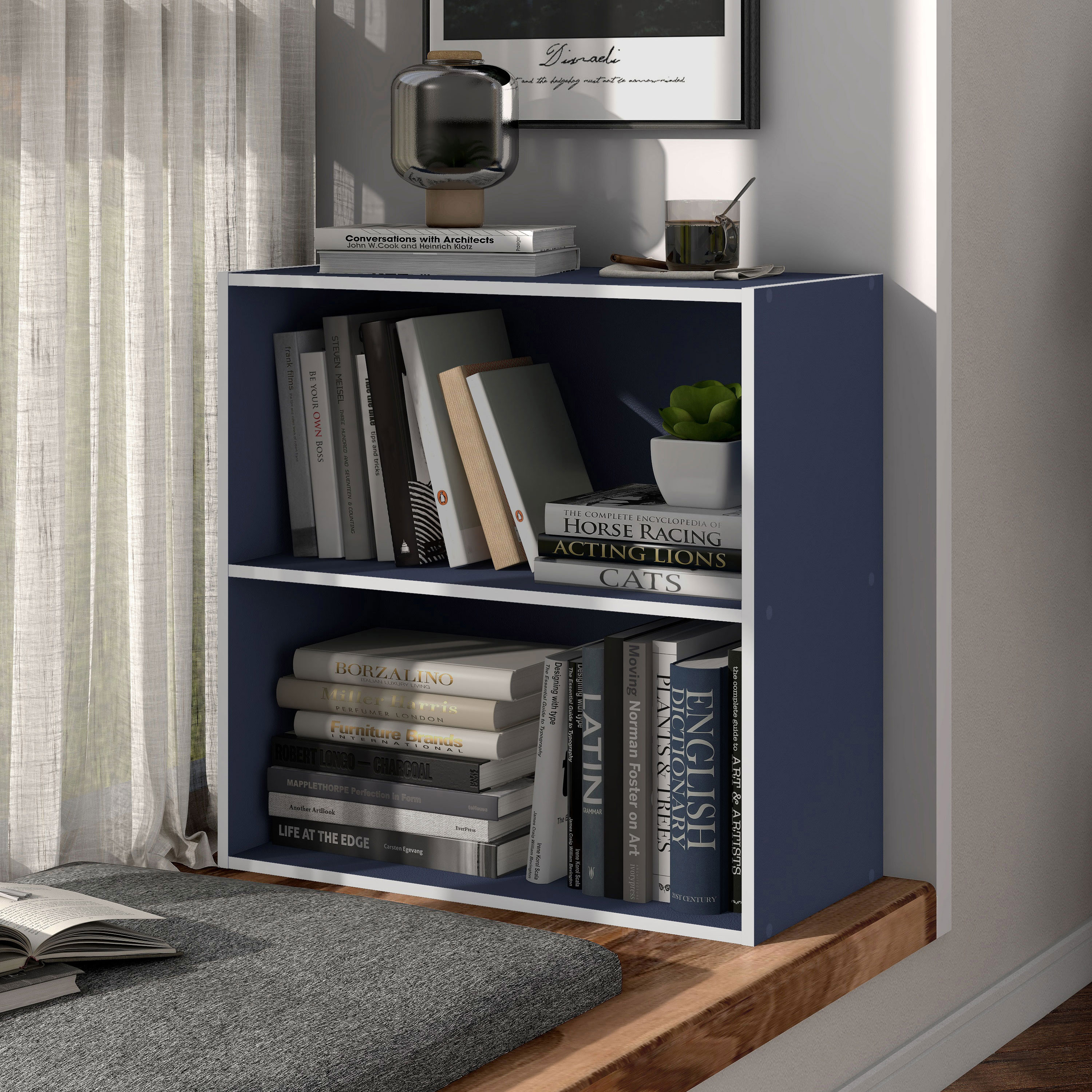 Furniture of America FGI-2381C47-2L Quincy Steel Blue Composite 2 -Shelf Modular Bookcase ( 23.62-in W x 23.7-in H x 11.7-in D ) Finished
