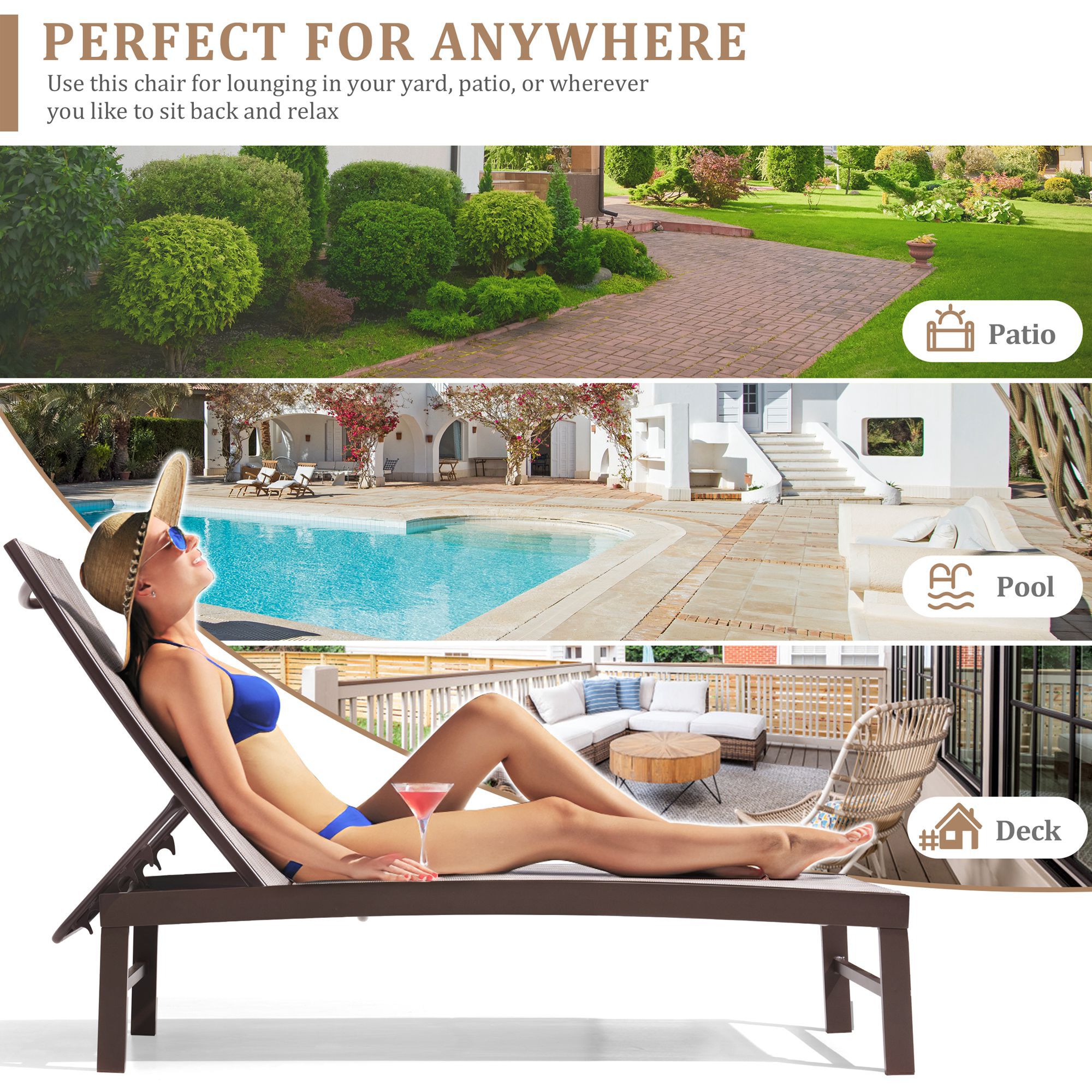 3-Piece Beige Aluminum Adjustable Outdoor Chaise Lounge Set