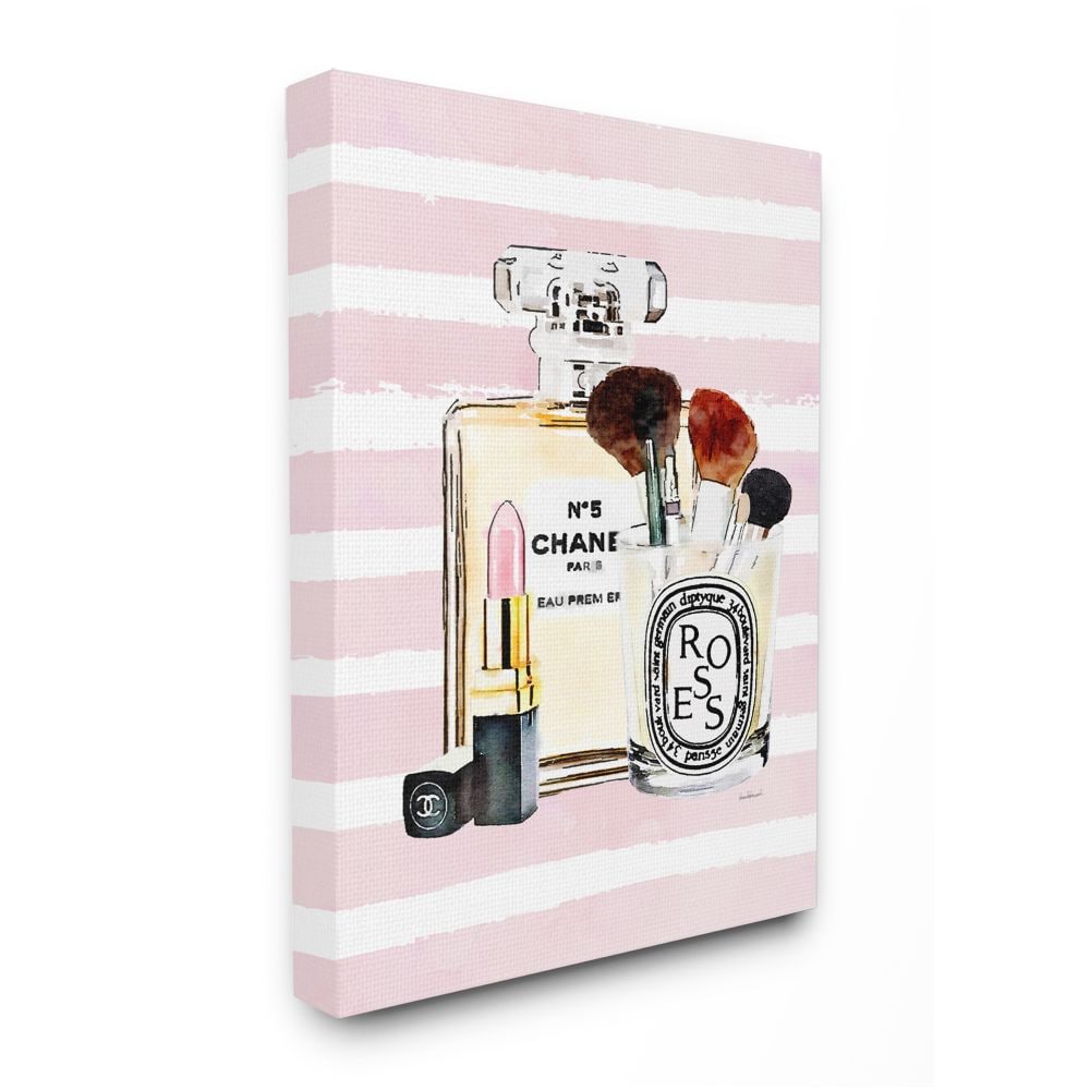 Stupell Industries AB-596-CN-24X30 High Fashion Makeup Cosmetics with Chic Pink Stripes Amanda Greenwood Gallery Wrapped Canvas 30-in H x 24-in W Figurative Canvas Print