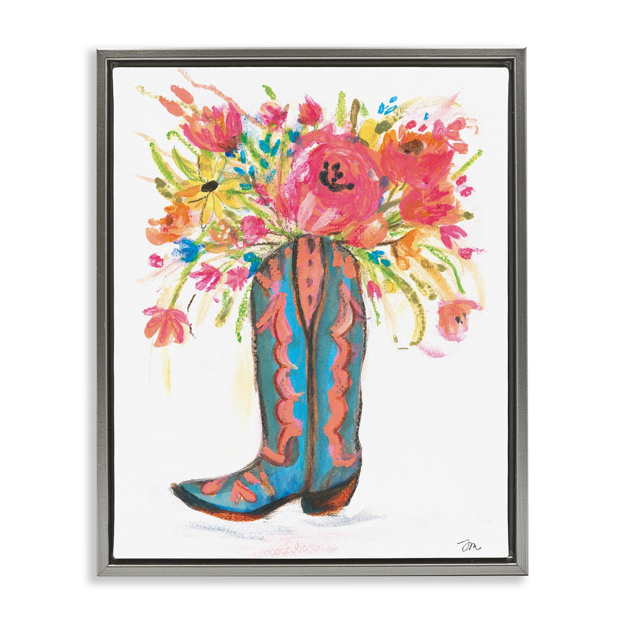 Stupell Industries BS-684-FFL-24X30 Floral Cowgirl Boot Pastels Gray Framed Floater Canvas Wall Art By Jessica Mingo 25 x 31