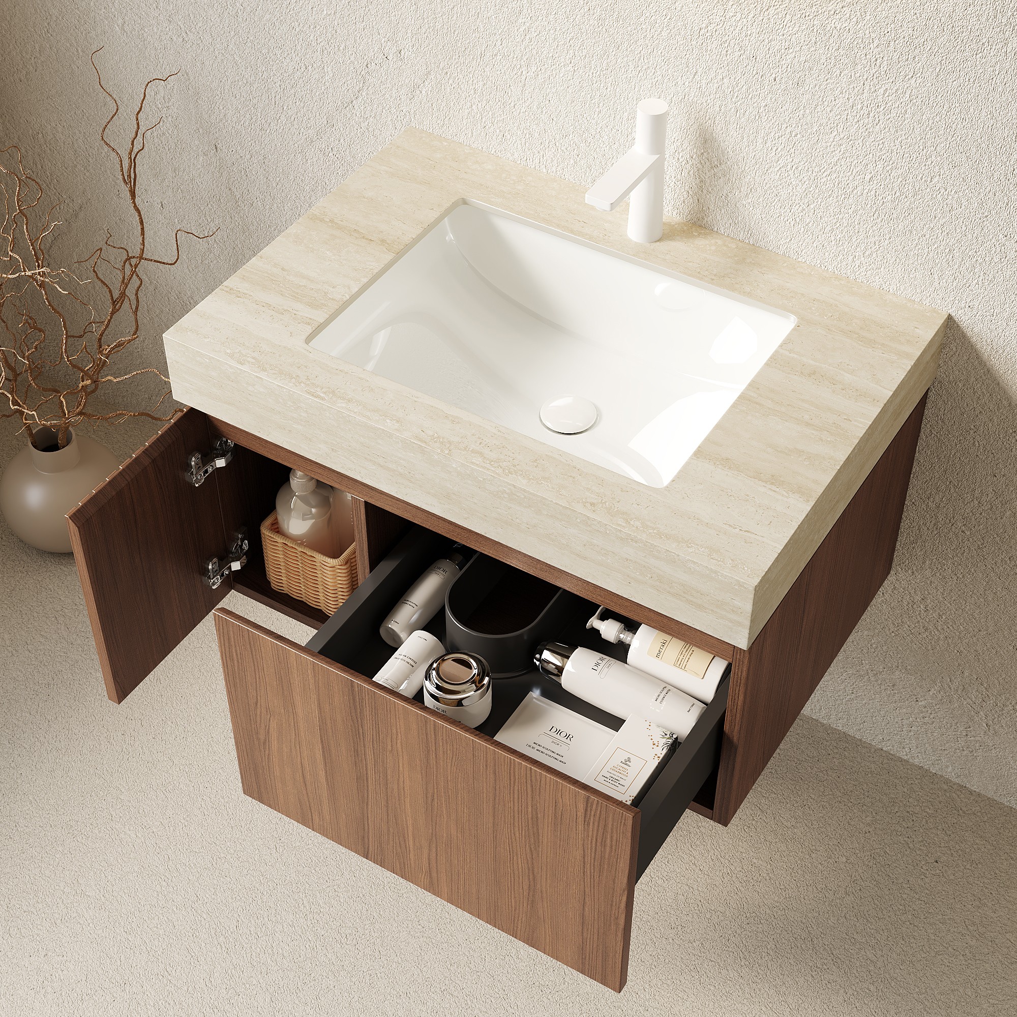 Cuschoice  30 in.Single Sink Brown Oak Floating Bathroom Vanity Beige Top Ceramic Basin Soft-close Door Drawer