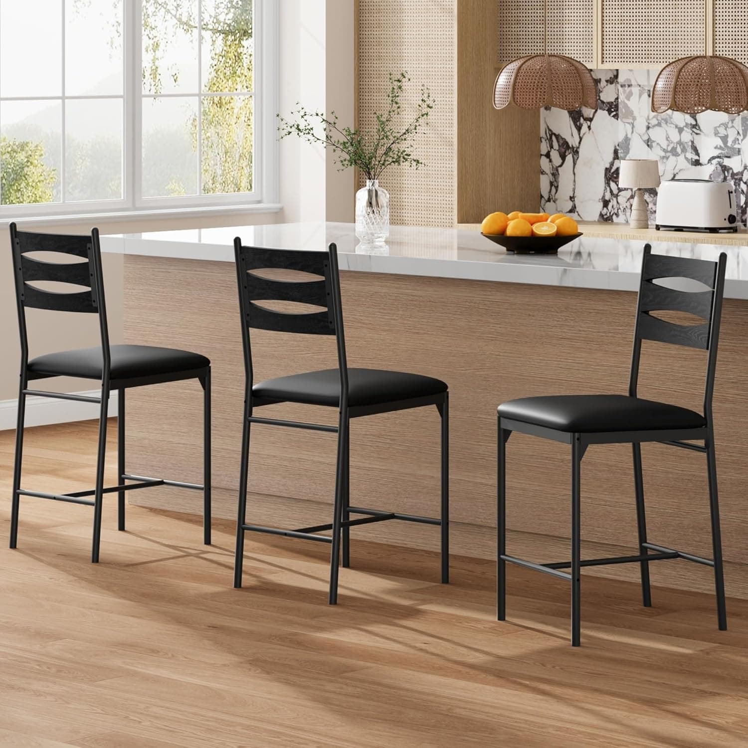 Qeetex LHF-YZ-PHO-34HKSP5N Bar Stools Set of 2 - Barstools - Faux Leather Upholstered Bar Chair Wooden with Back and Footrest and Thick Cushion - Counter Height Bar Stools for Kitchen Island Apartment - Black