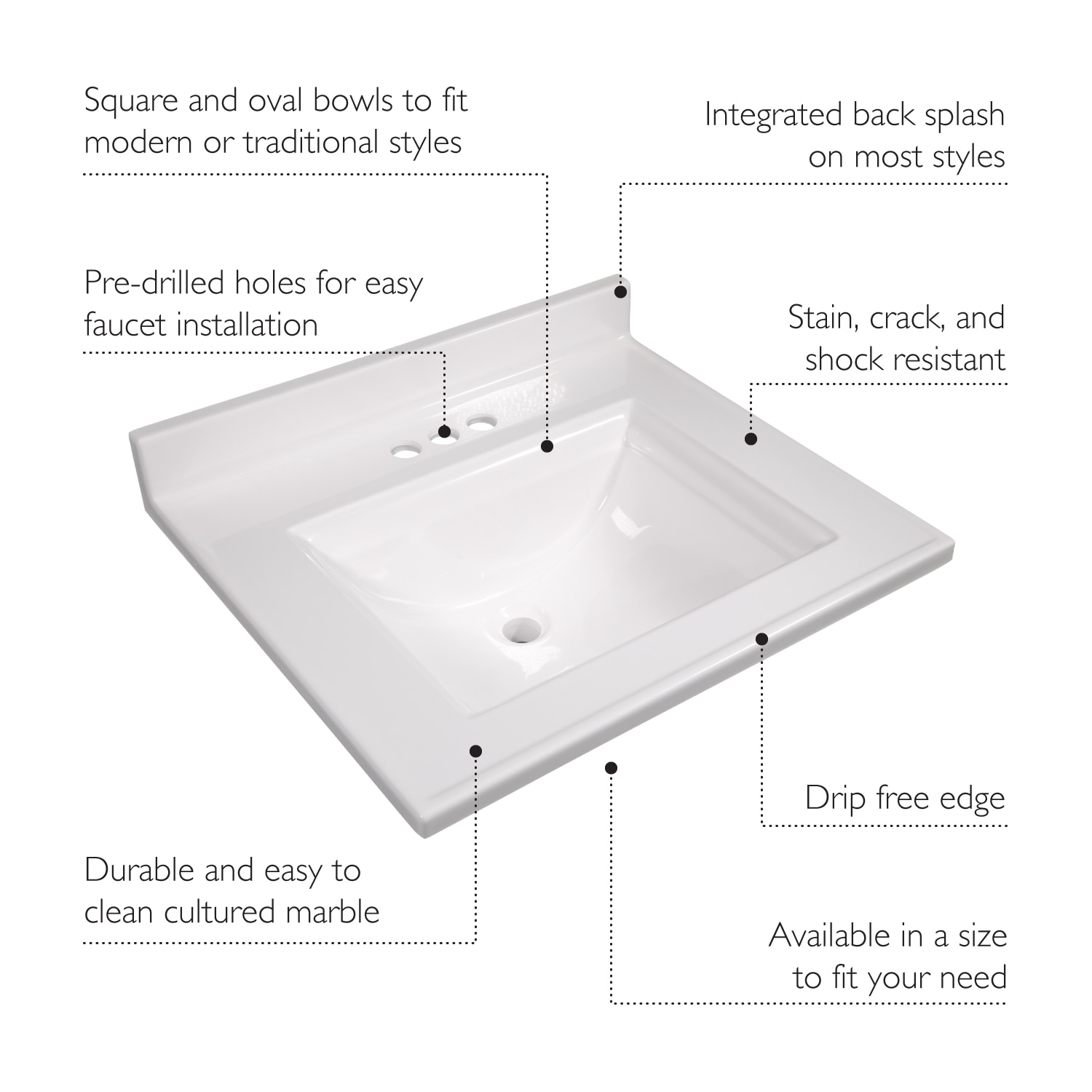 Camilla 25-Inch White Cultured Marble Vanity Top with Backsplash