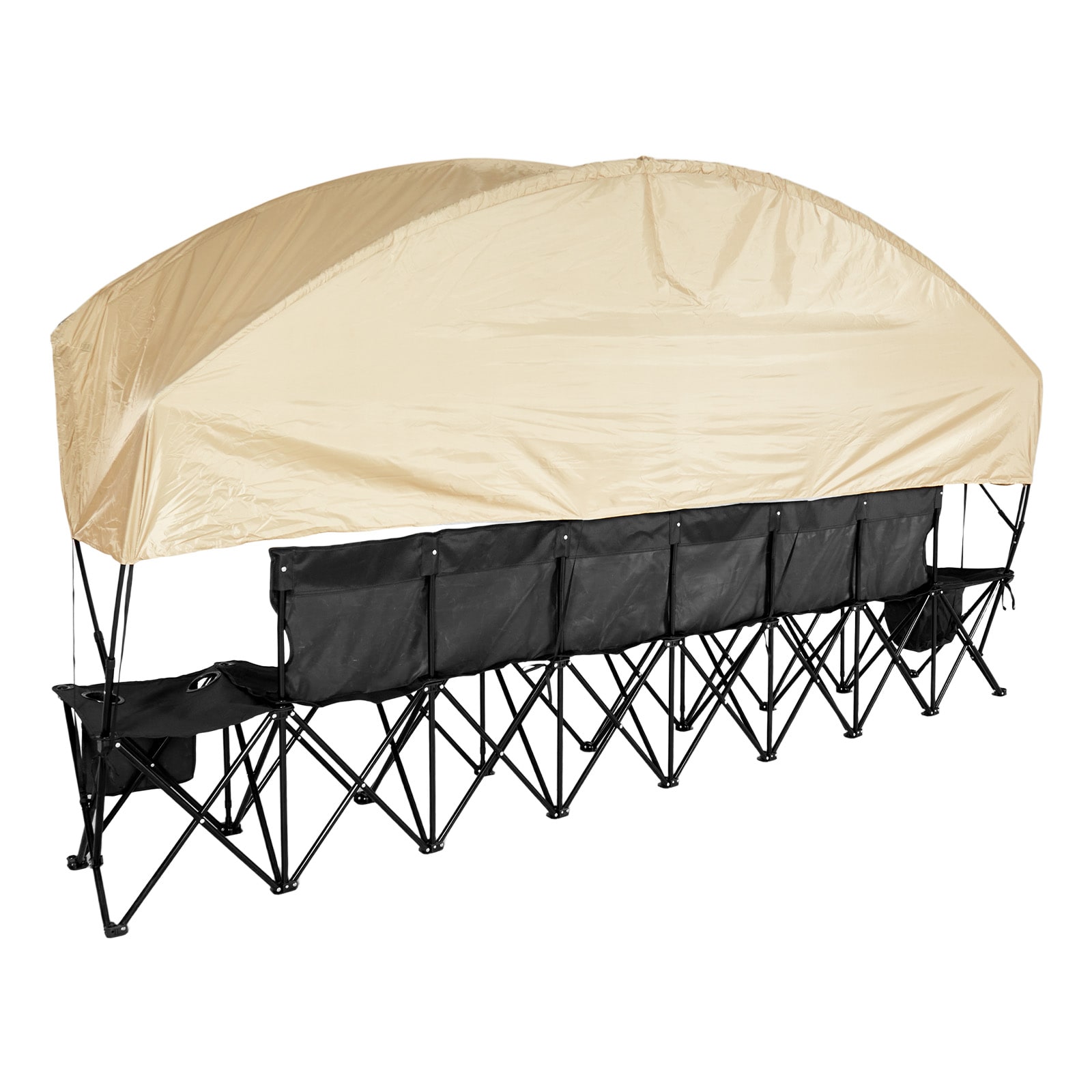 VEVOR Portable Folding Bench 6 Seat Soccer Bench with Storage Pockets Cup Holders and Carrying Bag Lightweight Sideline Seating with Sunshade for Football Baseball Camping Outdoor Events Black