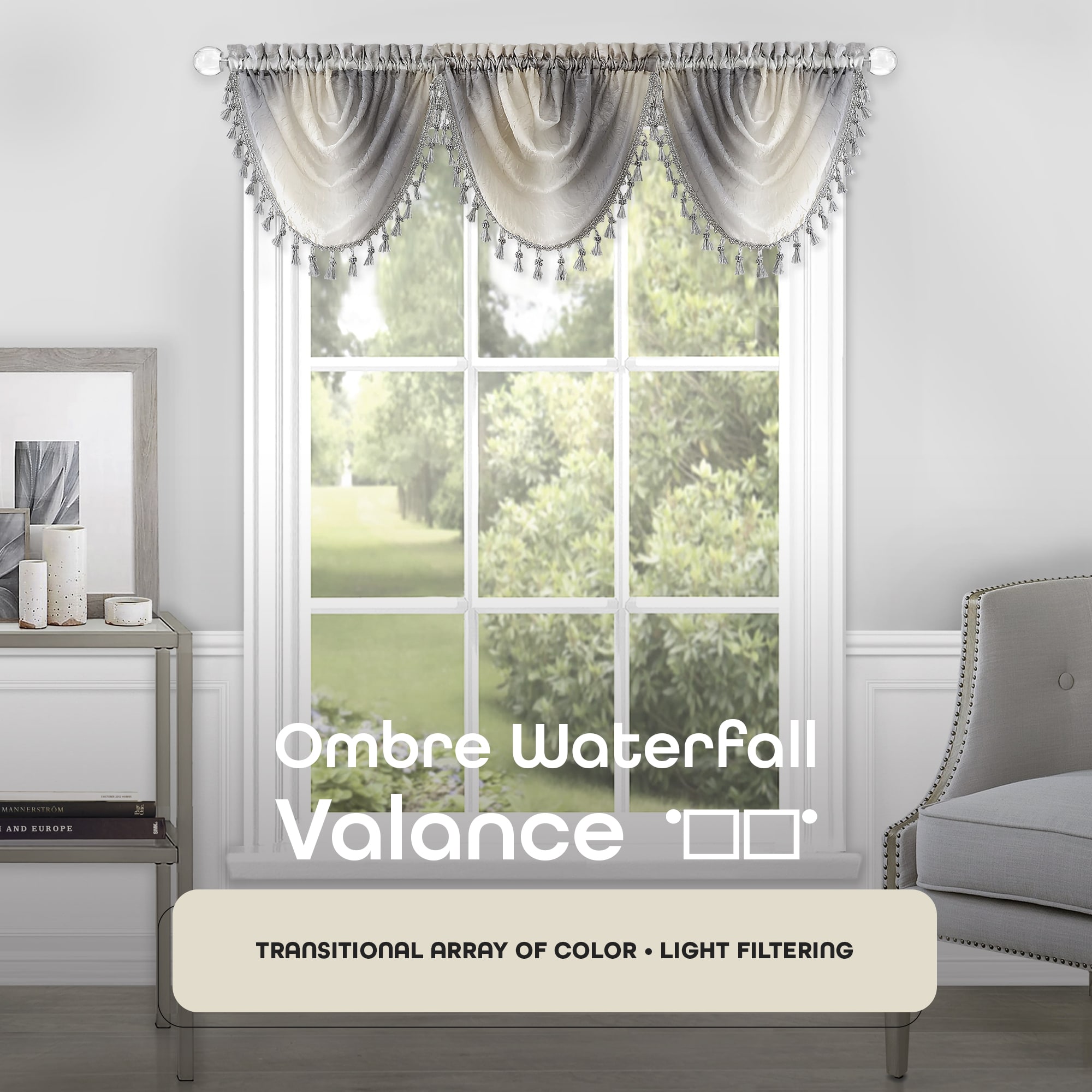 Grey Ombre Polyester Tassel Waterfall Valance, 46" x 42"