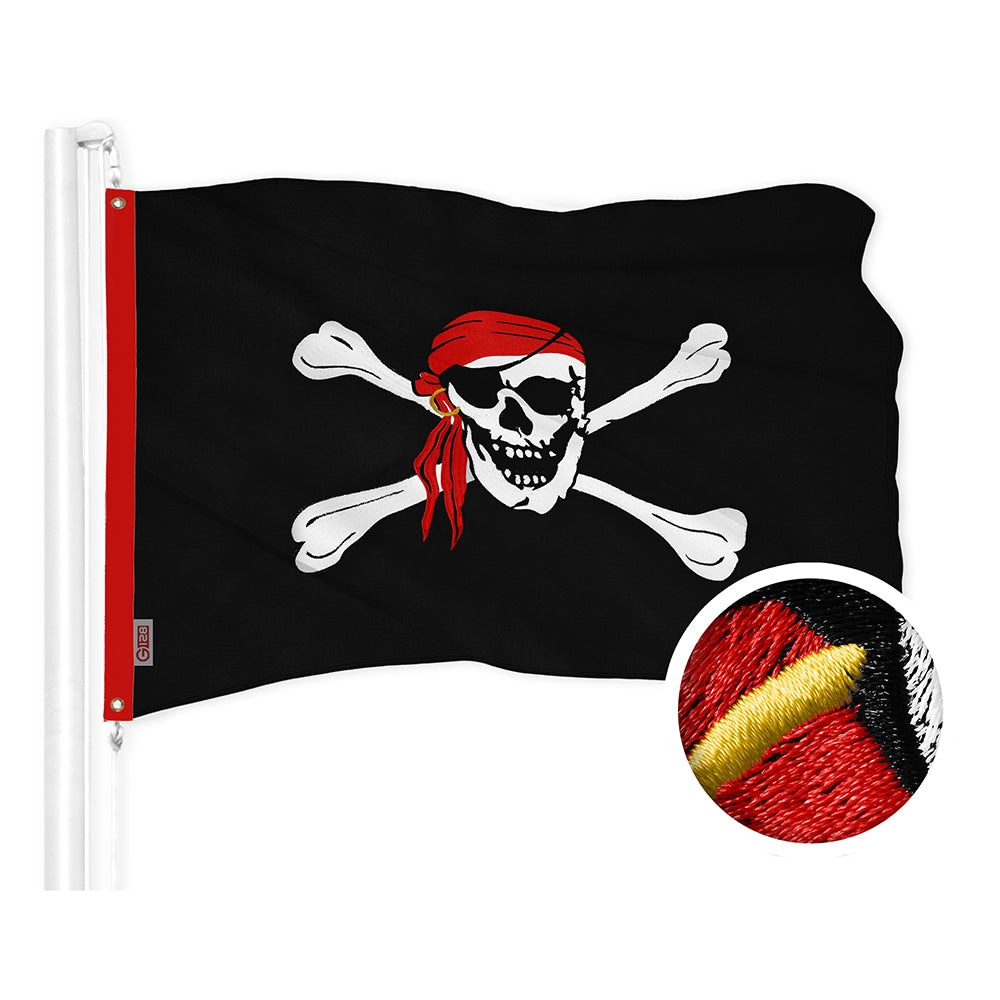 G128 FG-21PHS-1E3 1.5-ft W x 1-ft H Pirate Jolly Roger Red Head Scarf Embroidered Flag