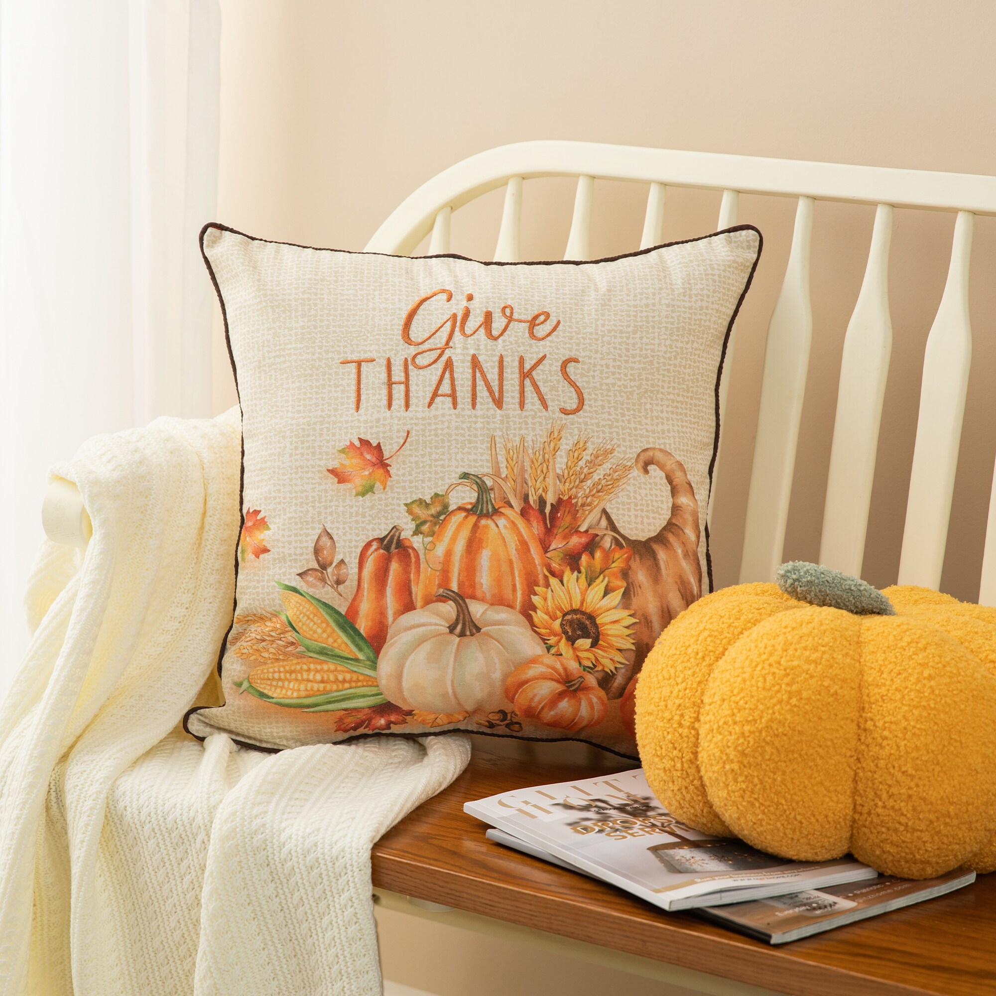 Glitzhome 20 in. Fall Embroidered Pumpkin Pillow