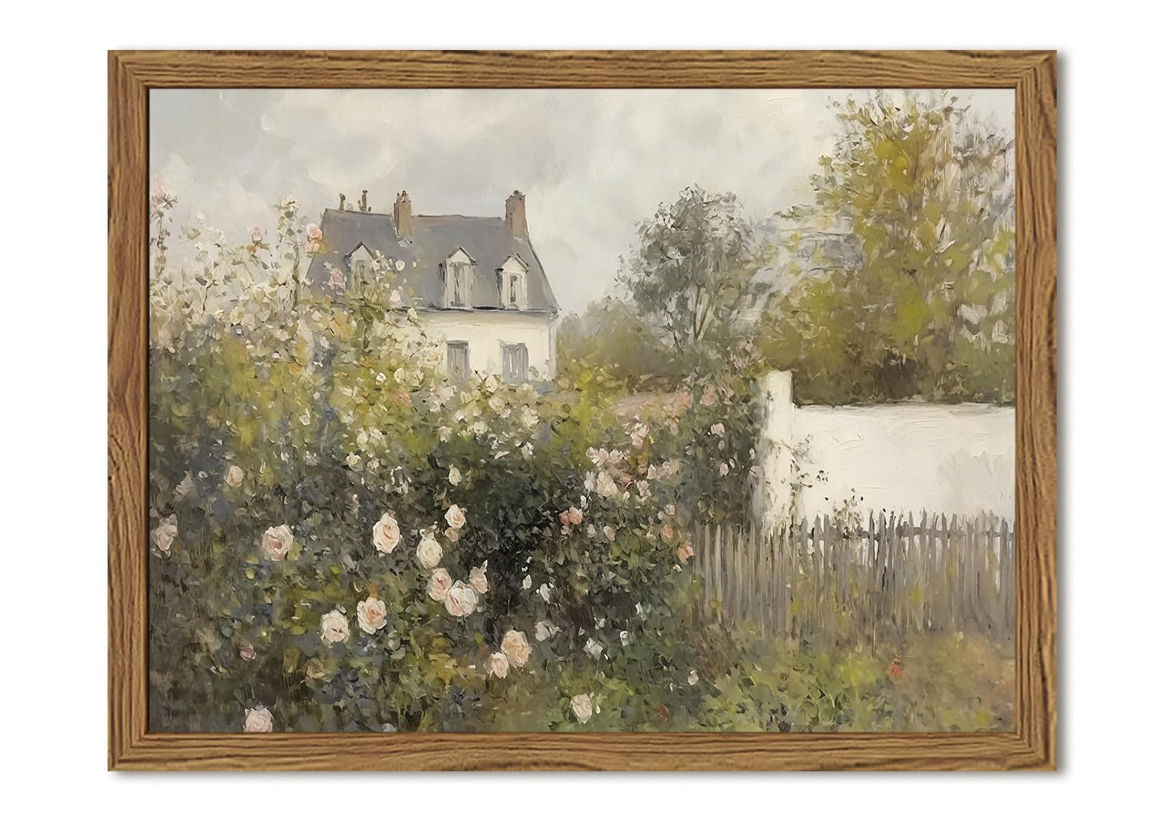 Vrbgify  Framed Vintage Wall Art Cottage Rose Garden Landscape Canvas Print Rustic Farmhouse Spring Floral Decor for Living Room Bedroom Bathroom