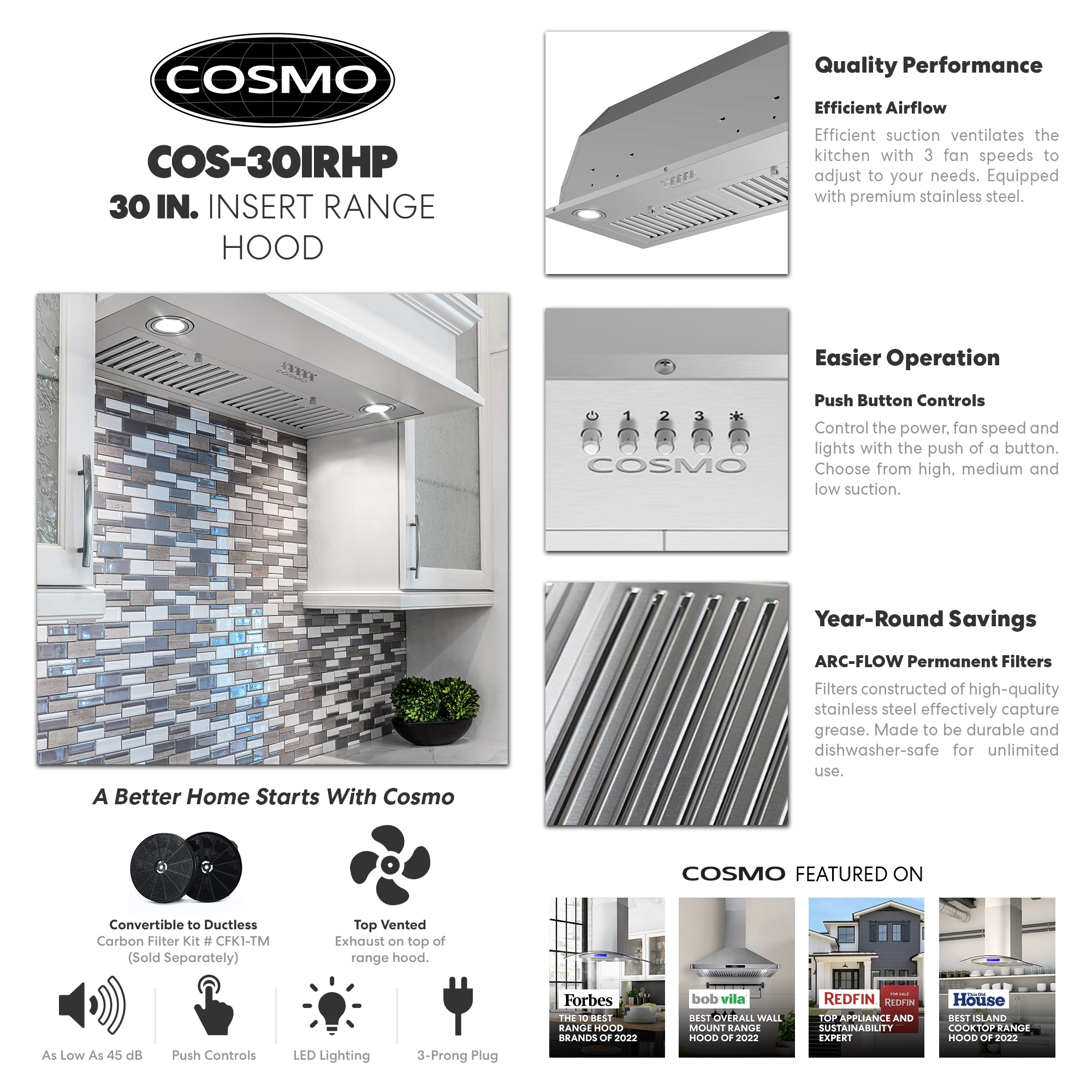 Cosmo COS-5U30 Hotte de cuisine sous armoire 30 pouces avec commande  poussoir, acier inoxydable 