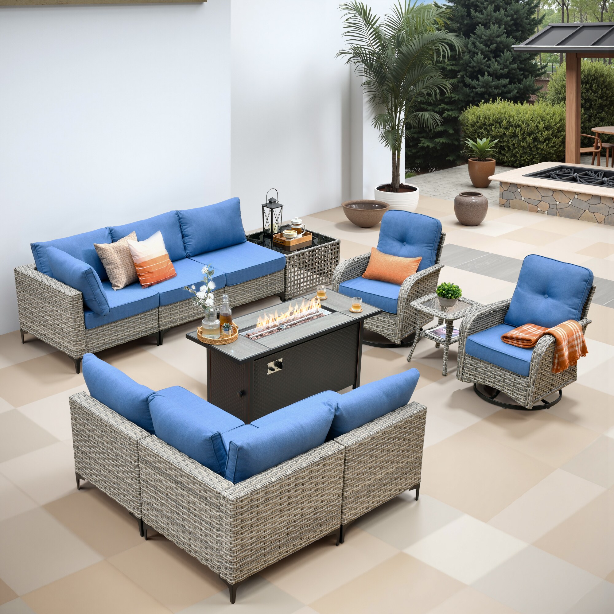 weaxty CFP85DSCRRSYZVNC511 11-Piece Wicker Patio Conversation Set with Blue Cushions