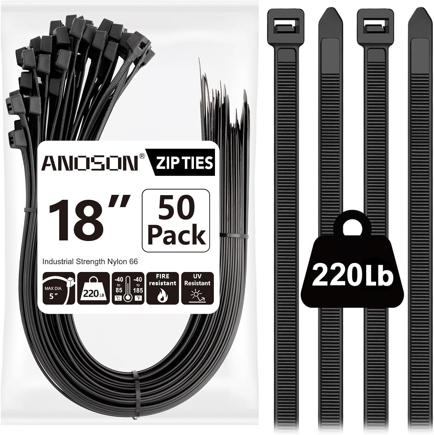 Anoson Large Zip Ties 18 inch 50 Pack Long Zip Ties Heavy Duty with 220 lb Tensile Strength Big Cable Ties Black 