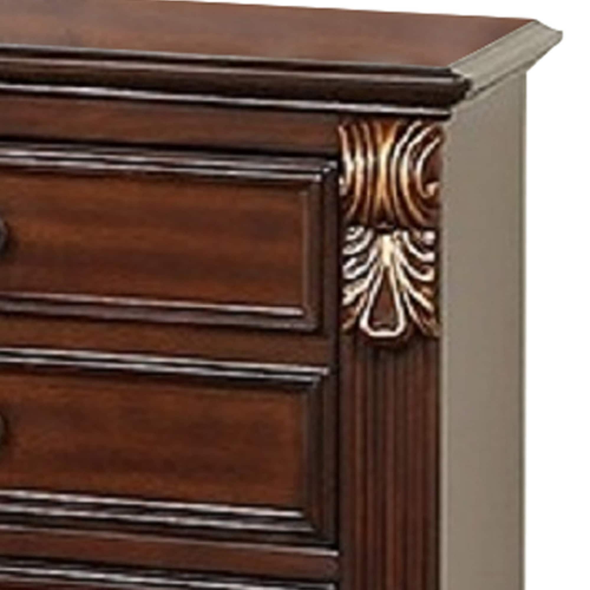 Miri 25 Inch 3 Drawer Nightstand with Brass Accents in Cherry Oak Brown
