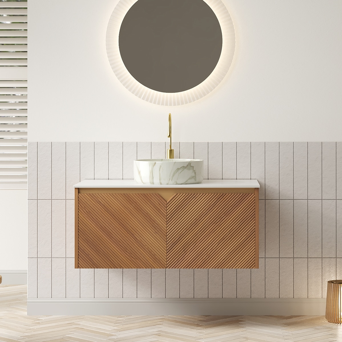 Huluwat 36 Inch Bathroom Vanity and Sink Floating Plywood Storage Cabinet Twill Double Doors with Metal Trim Stone Pattern White Round Ceramic Vessel Basin and Sintered Stone Top Brown Oak Woodgrain Color