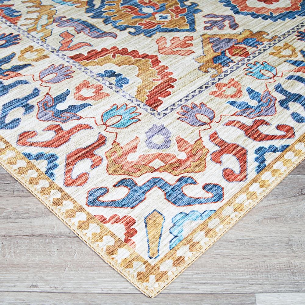 Ivory and Multicolor Synthetic Tribal Runner Rug, 2' x 8'
