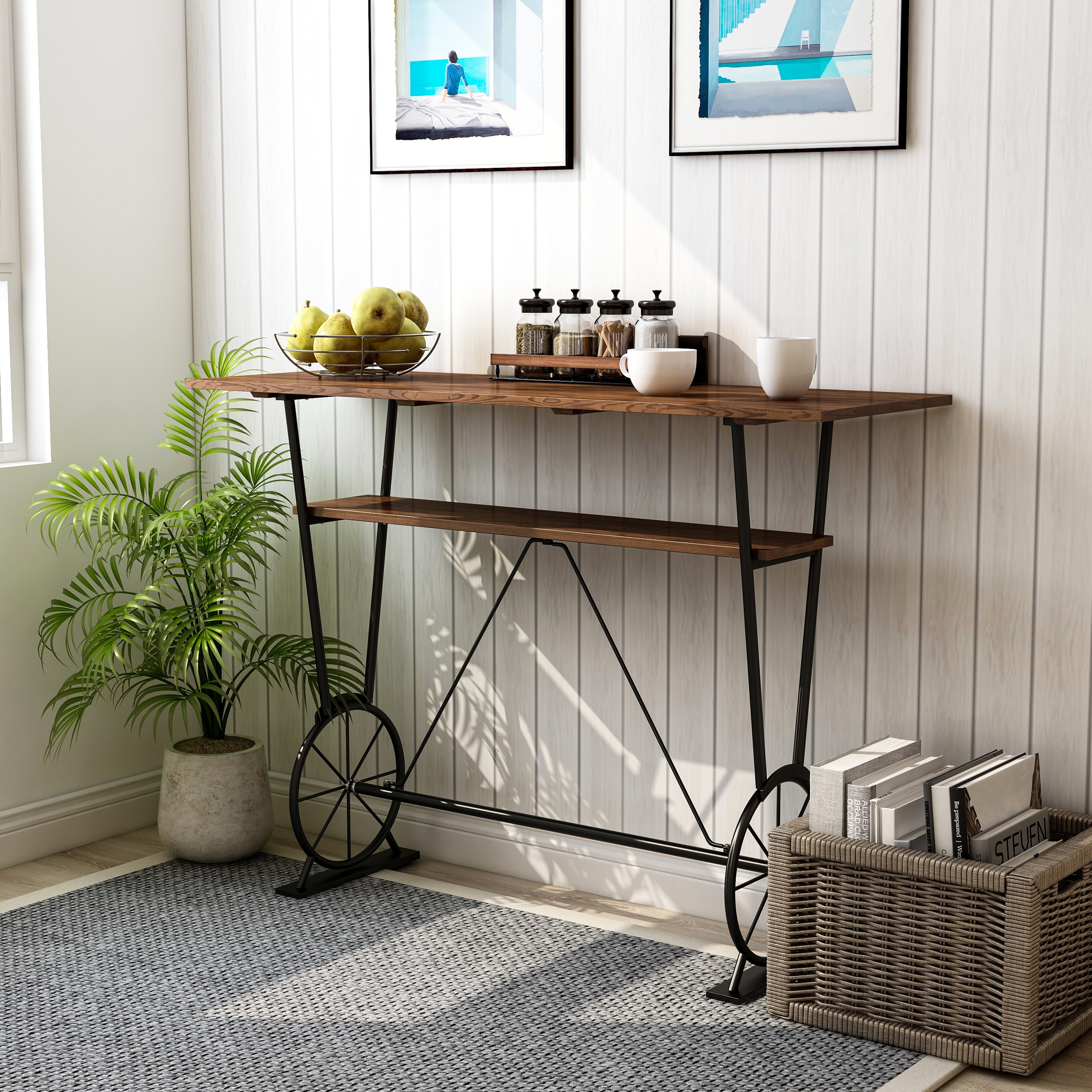 Furniture of America YNJ-1975C28-BT Vanceboro Toasted Barnwood Rustic Counter Table, Composite with Black Metal Trestle Base 47.24-in L x 34.25-in H