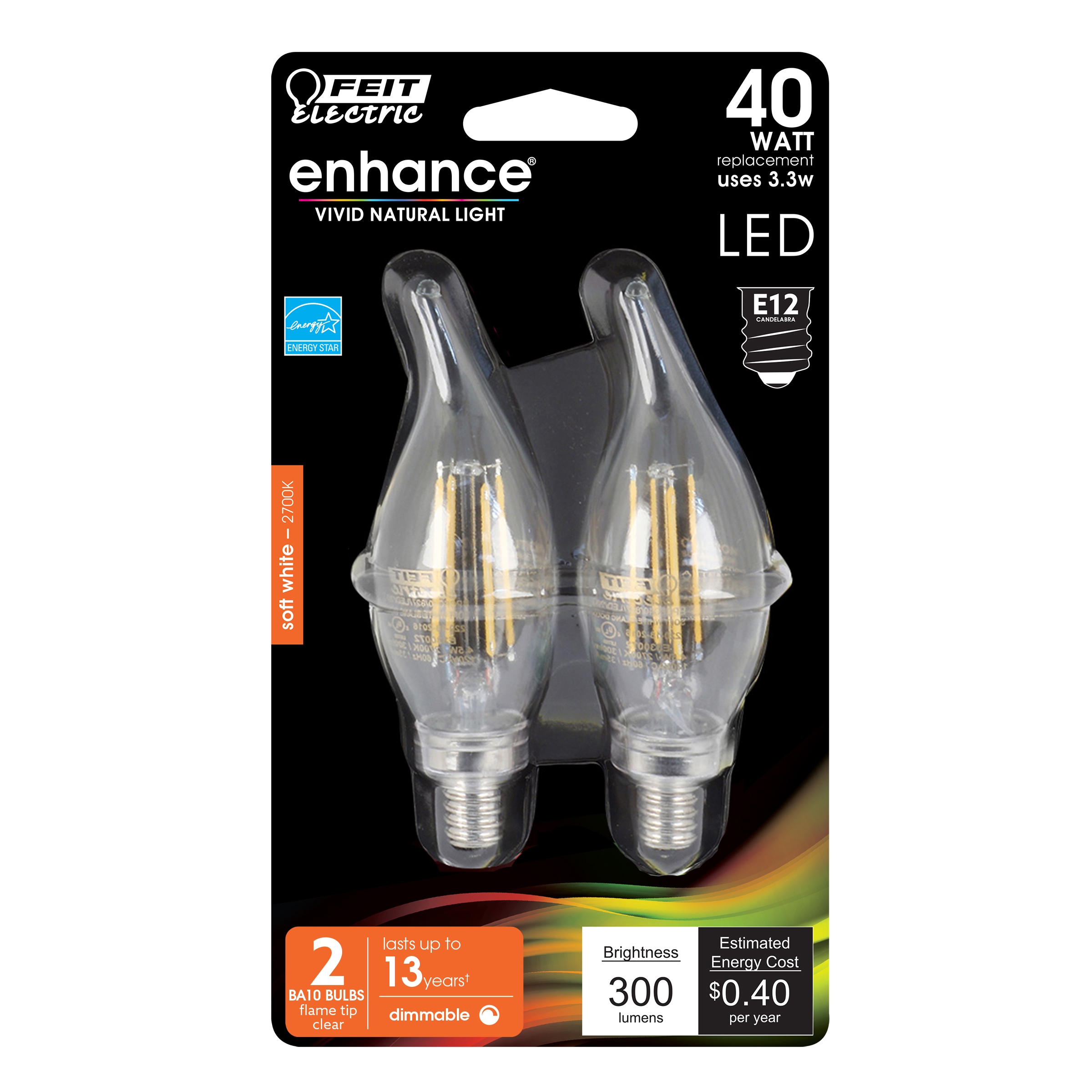 Feit Electric BPCFC40927CAFIL/2/RP LED Filament 40 -Watt EQ CA10 Soft white Candelabra base (E-12) Dimmable LED Decorative Light Bulb 2 -Pack