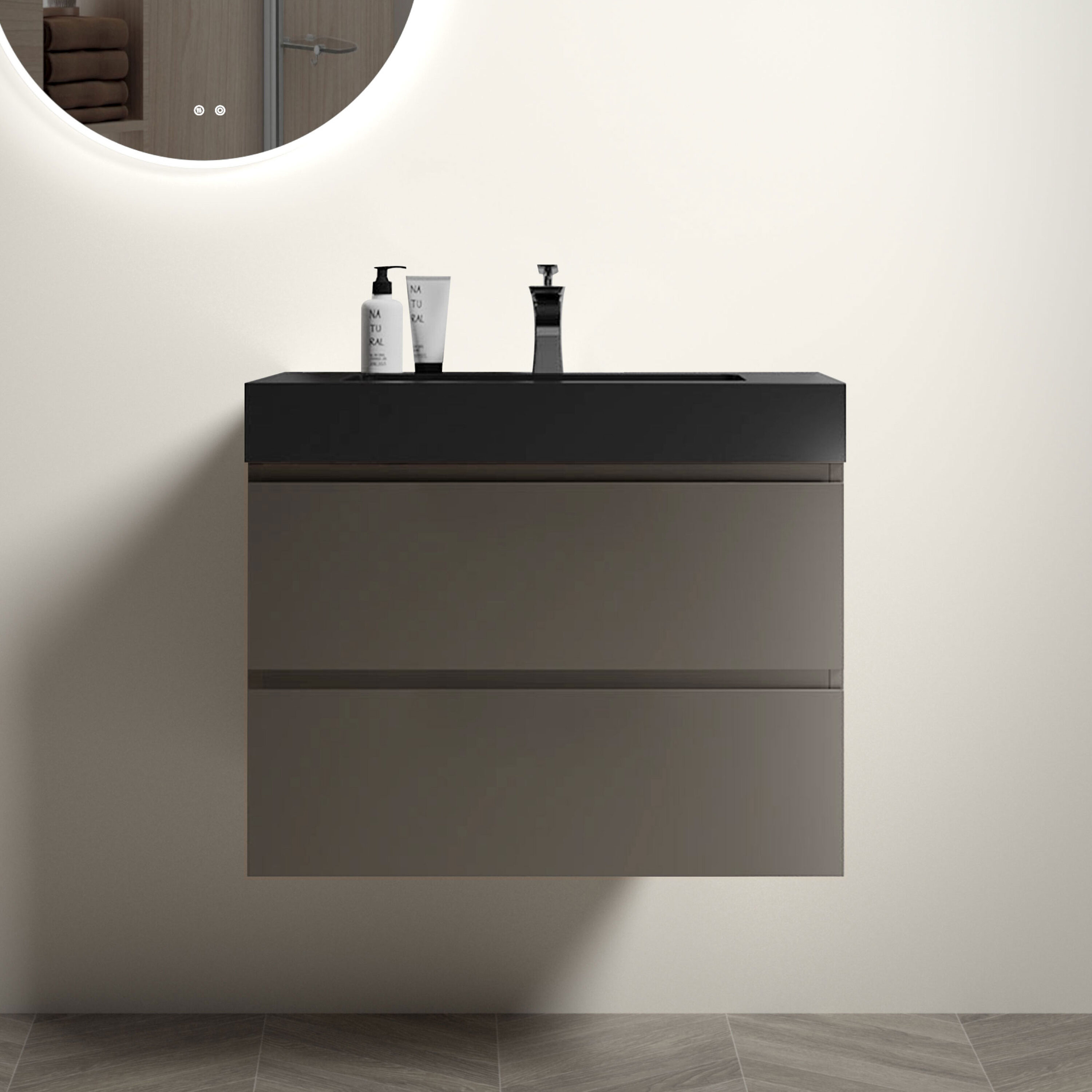 GDFStudio 328559 30 Inches Gray Bathroom Vanity with Sink Large Storage Wall Mounted Floating Bathroom Vanity for Modern Bathroom One Piece - Black Sink Basin without Drain and Faucet Pre-assembled
