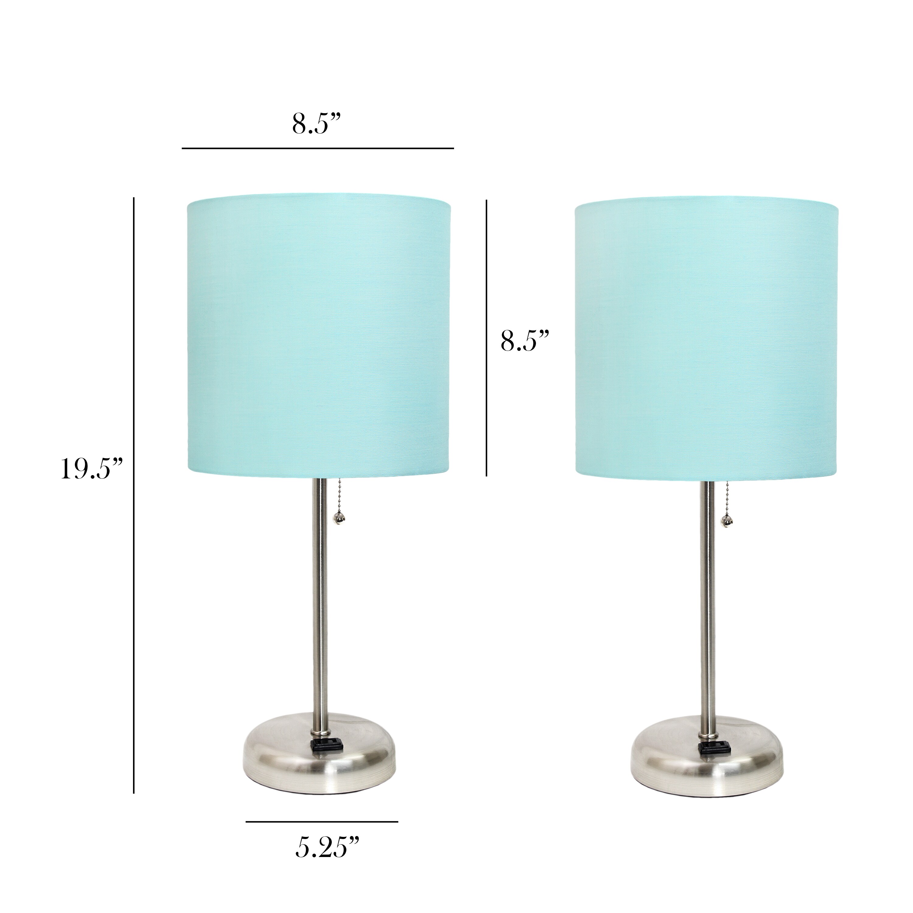 Aqua Fabric Shade Brushed Steel Table Lamp Set with Charging Outlet