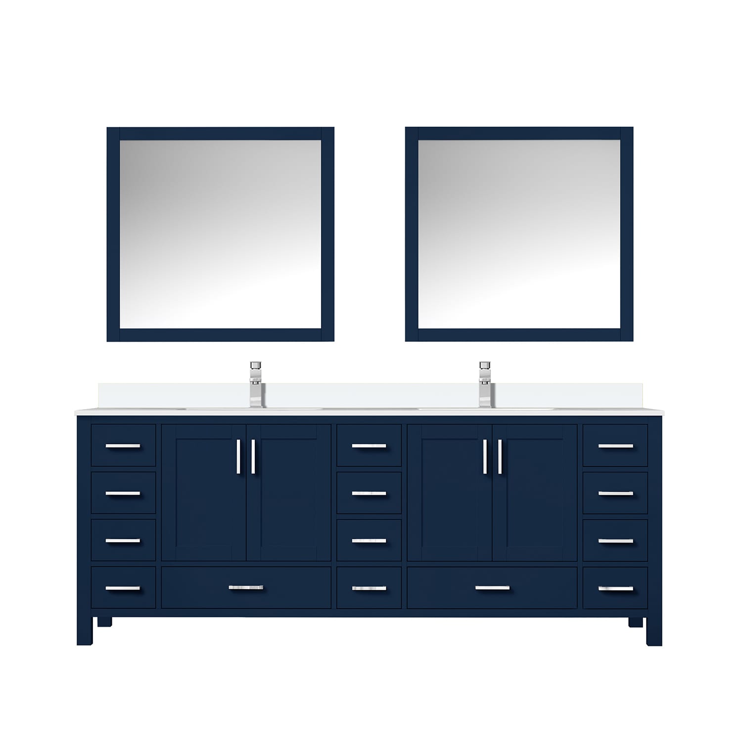 Lexora LJ342284DEWQM34F Jacques 84-in Navy Blue Undermount Double sink Bathroom Vanity with White Quartz Top (Mirror Included) (Faucet Included)