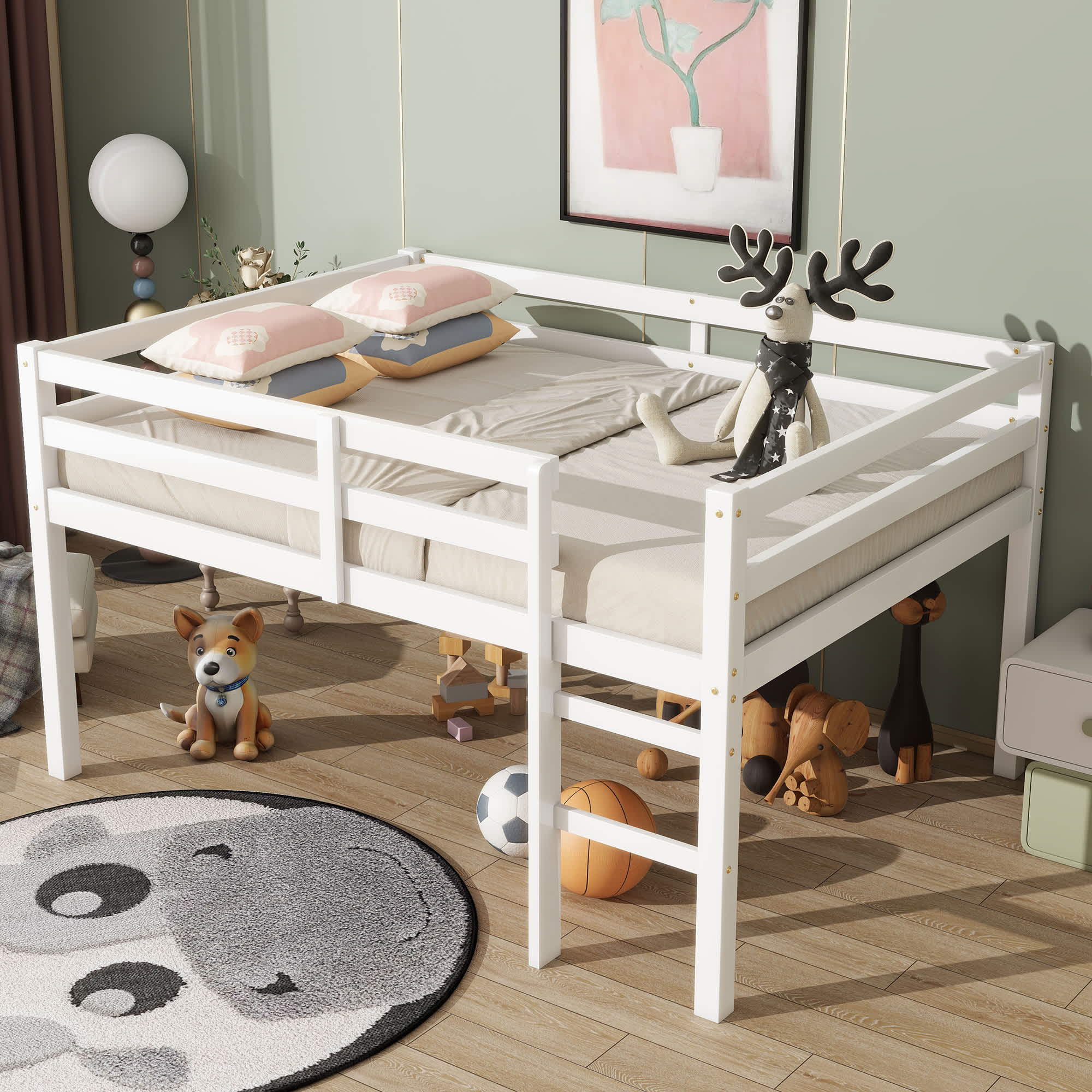 Vynxaria - White Rubber Wood Frame Full Platform Bed with Ladder Guardrails Storage Space