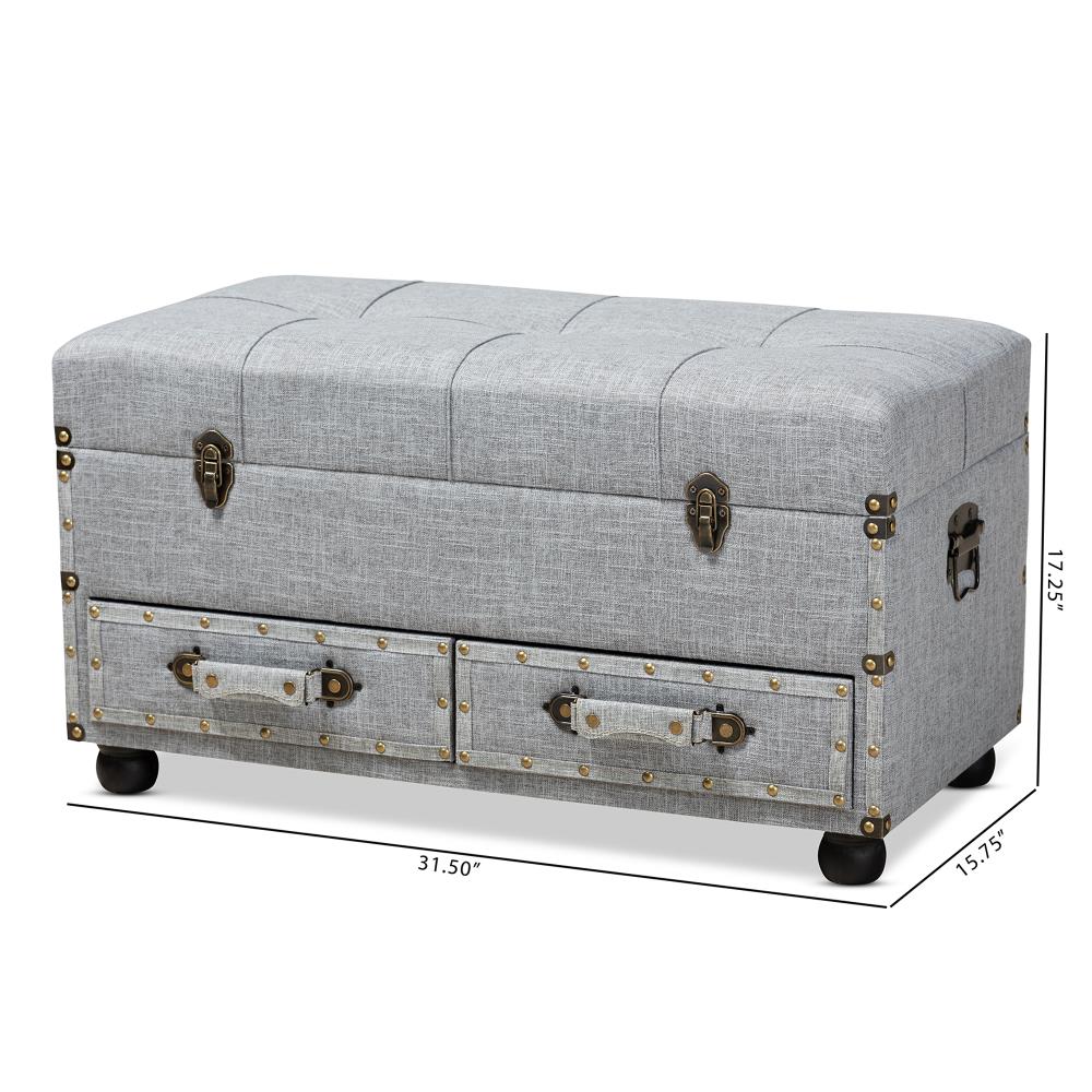 Grey Linen 32" Tufted Storage Ottoman with Antique Brass Accents