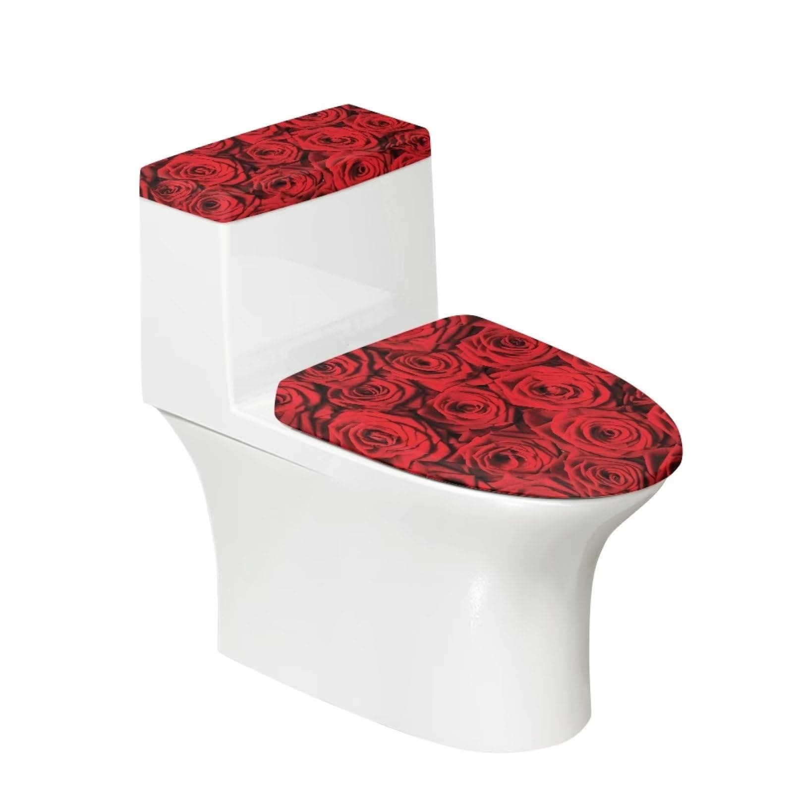 Aoibox  Red Rose Floral 2 Piece Stretchable Polyester Toilet Tank Cover Set Fits Most Round Oval Lids in Red