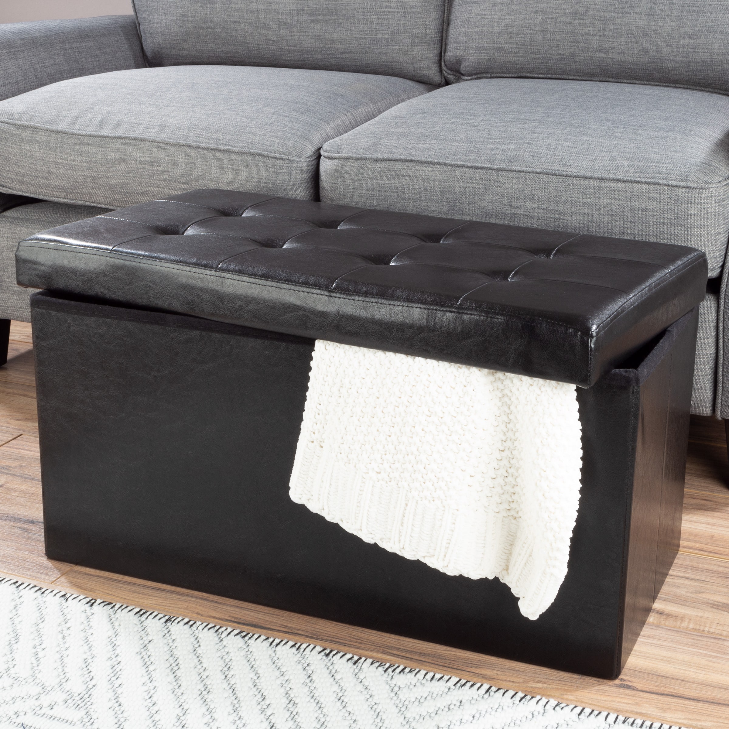 Home Complete HC-7001 30-inch Folding Storage Ottoman Modern Black Ottoman