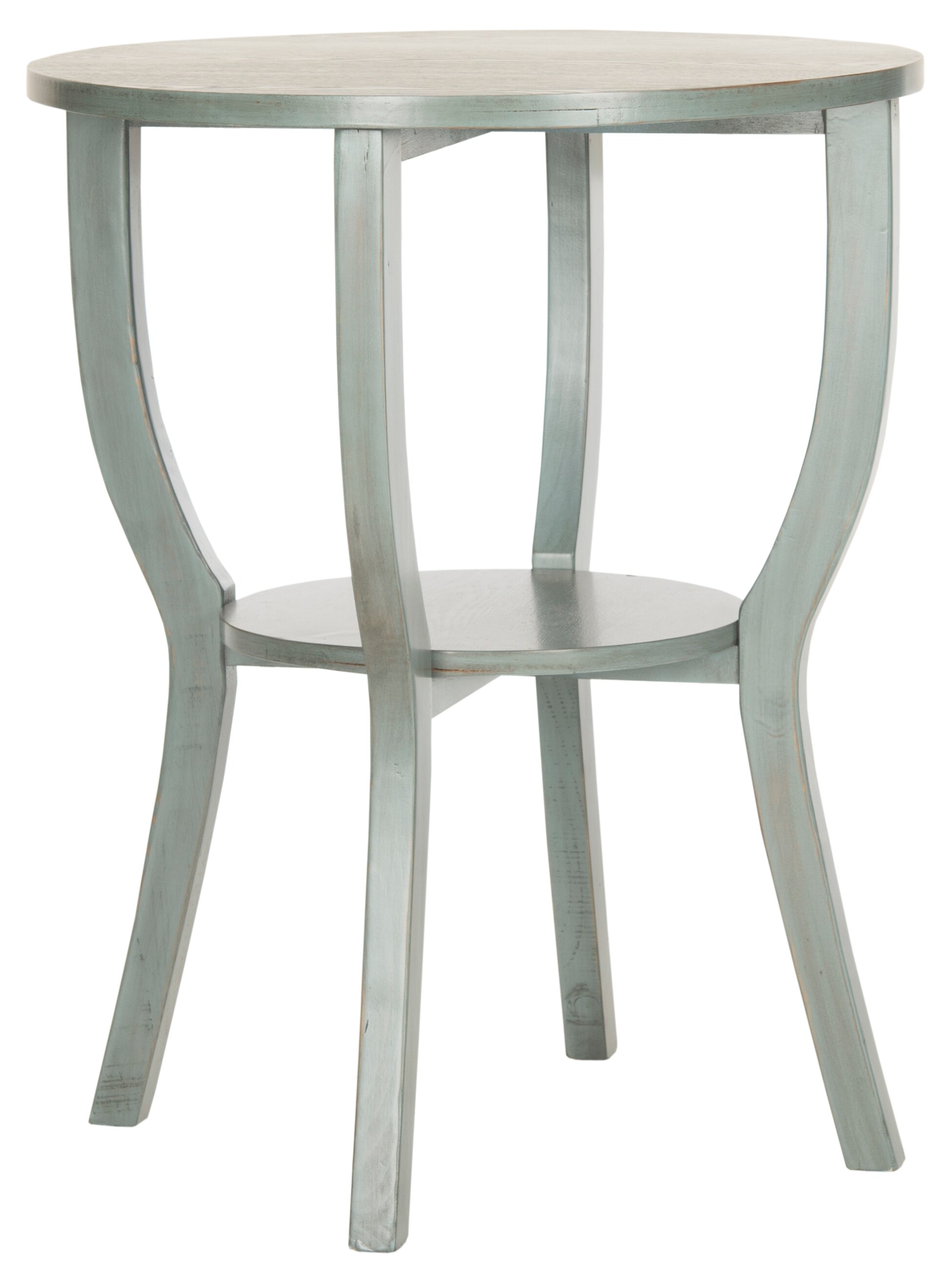 Barn Blue Round Wood Pedestal Accent Table with Shelf