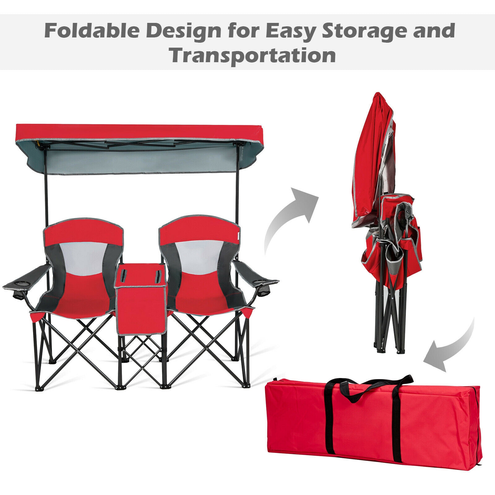 Red Double Folding Camping Chair with Canopy and Cooler