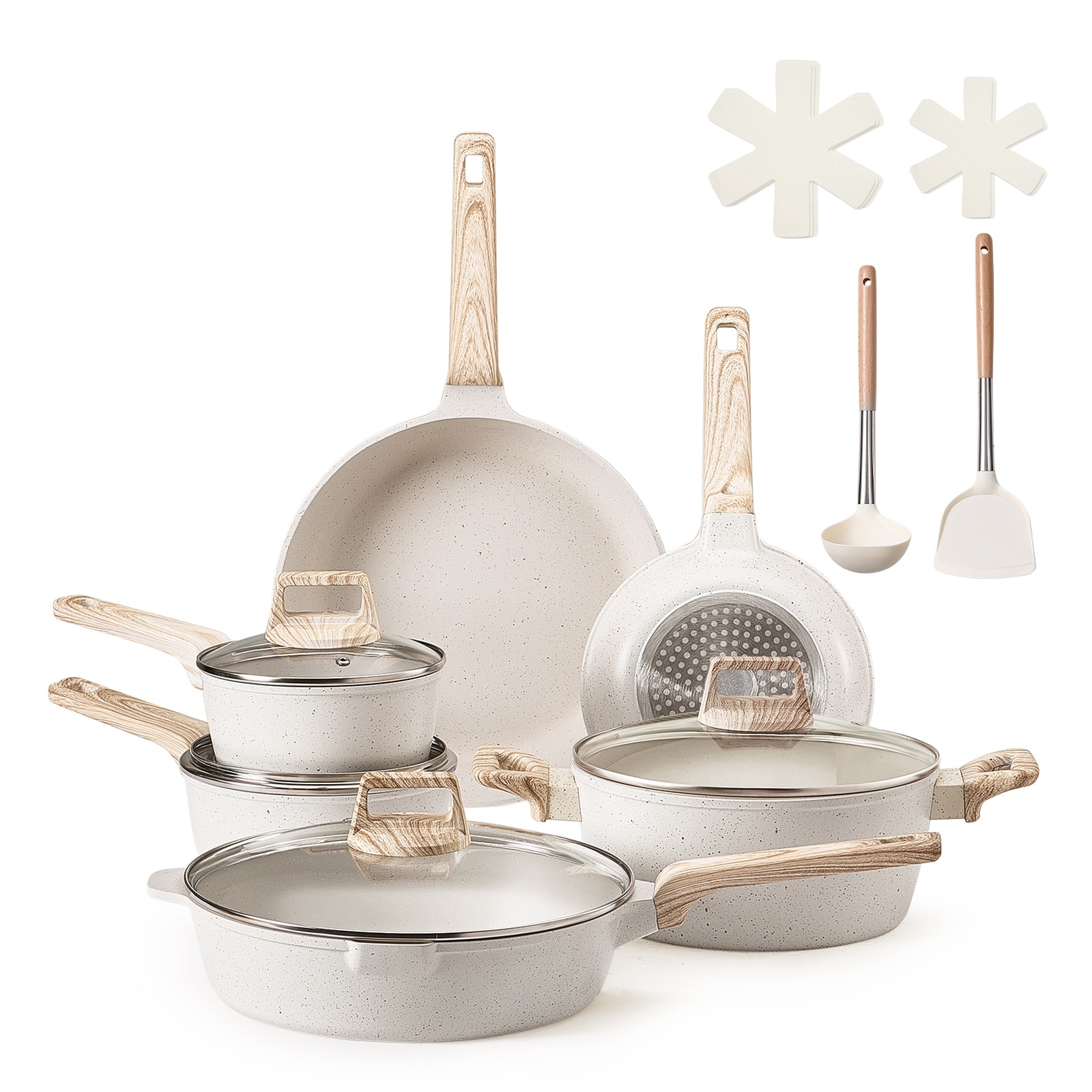 GIVIMO 17-Piece Pots and Pans Set Granite Nonstick Cookware Set Induction Compatible Kitchen RV Cooking Set with Frying Sauce Saute Tempered Glass Lids and Pan Protectors White