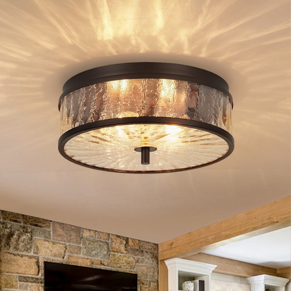 Zicbol 12.01-in Oil-Rubbed Bronze Indoor 2 -Light Flush Mount Light with Crackled Glass