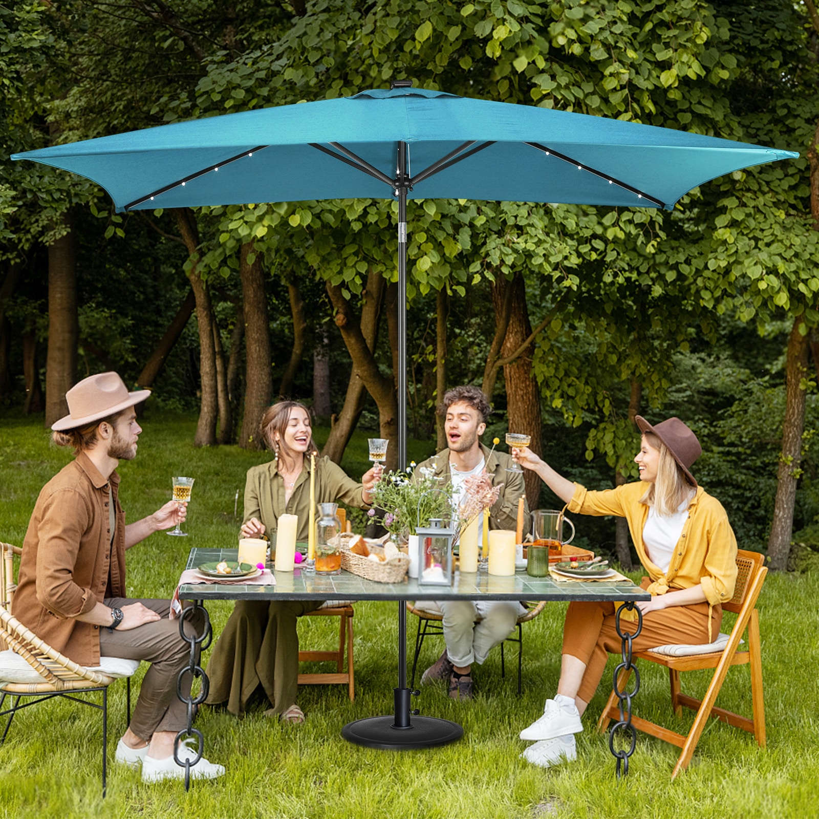 Teal Rectangular Solar LED Patio Umbrella with Steel Frame