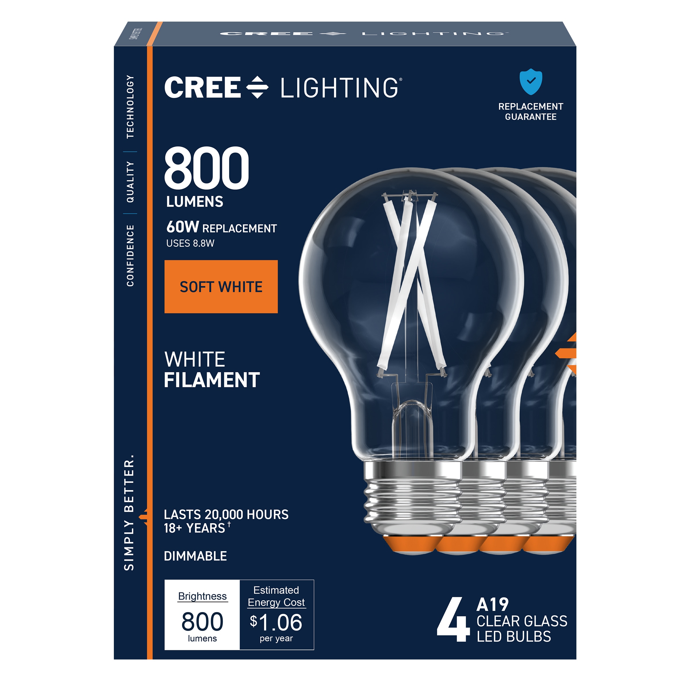 Cree Lighting CL800ACL927WF4 White Filament 60 -Watt EQ A19 Soft white Screw bases Dimmable LED Decorative Light Bulb 4 -Pack