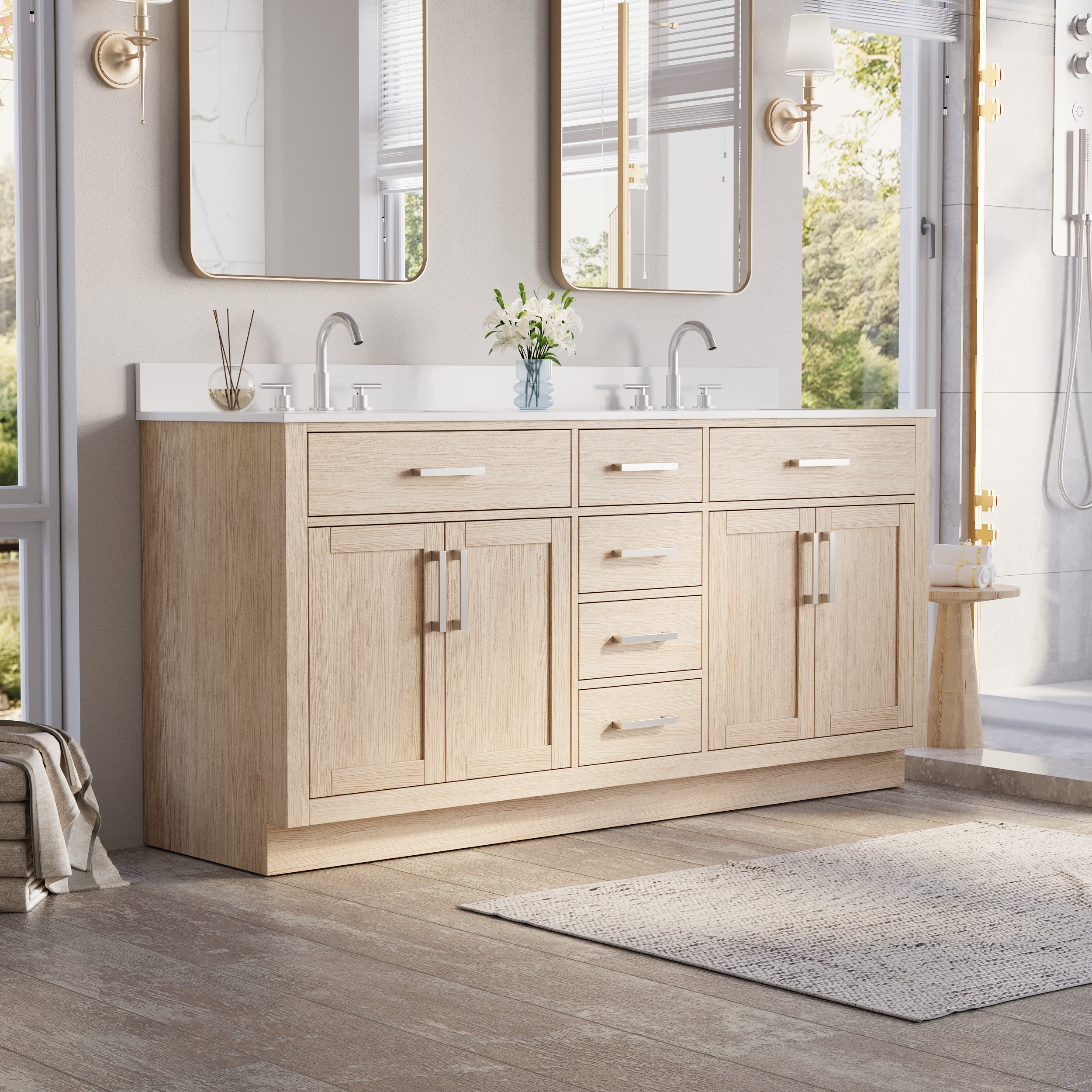 Forclover Solid Wood Bath Vanity with Nikel Handle 80-in White Undermount Double Sink Bathroom Vanity with White Cultured Marble Top (Fully Assembled)