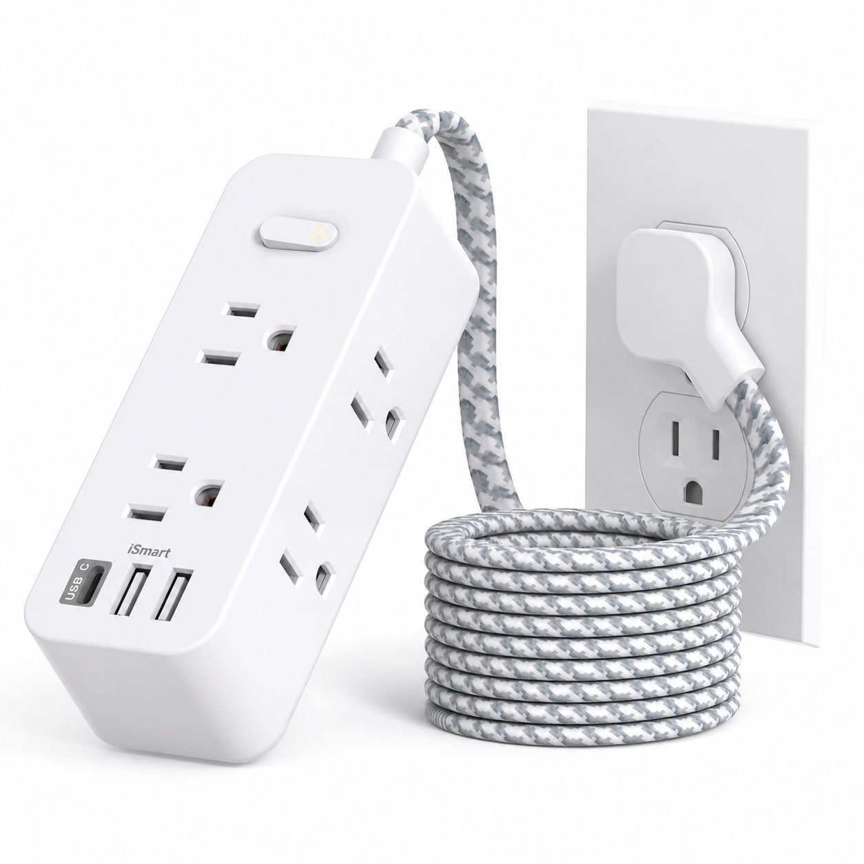 Justincity  Flat Plug Power Strip with 6 AC Outlets and 3 USB Ports Including USB C 5ft Ultra Thin Extension Cord with Surge and Overload